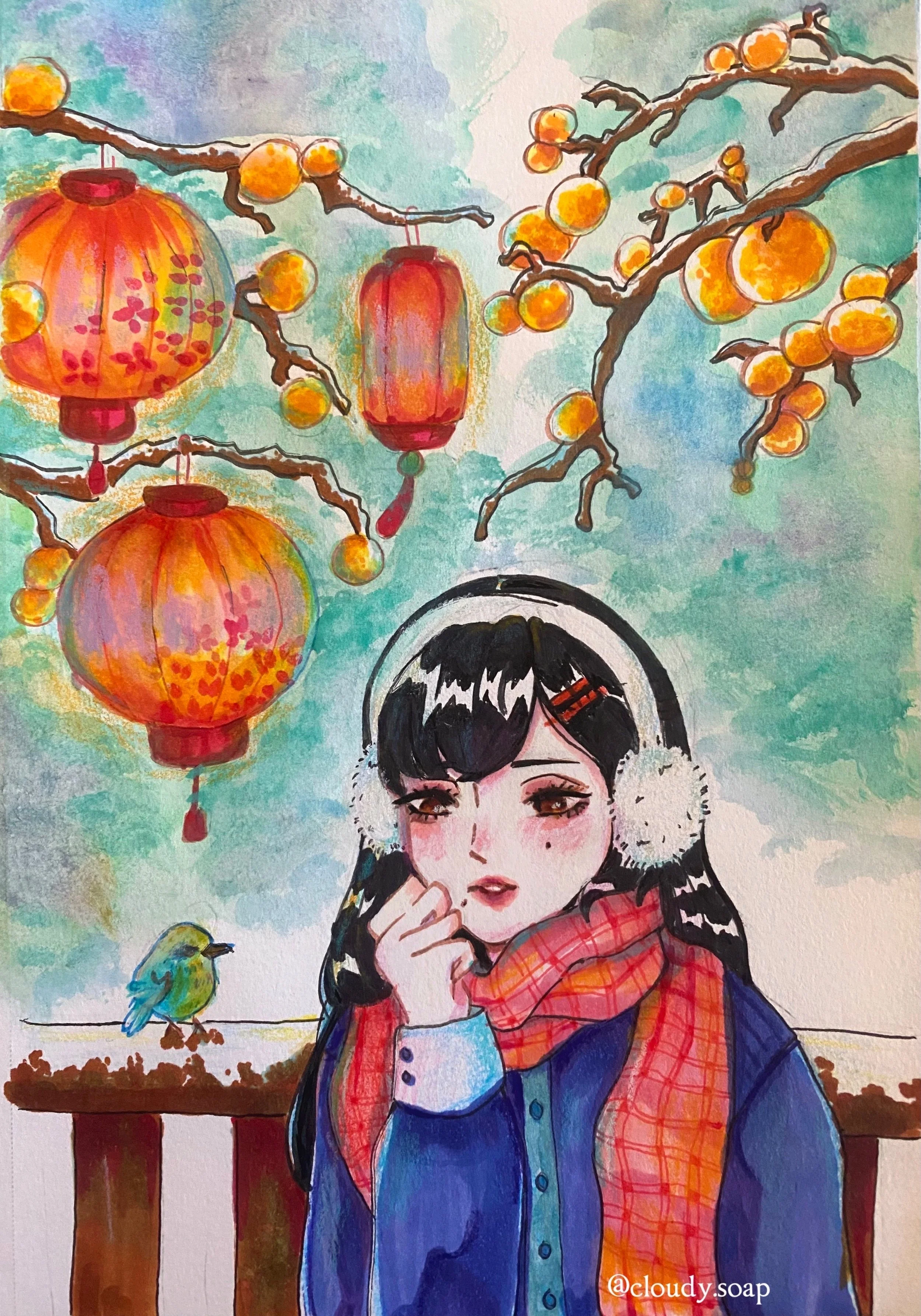 Girl with headphones under latterns in a tree