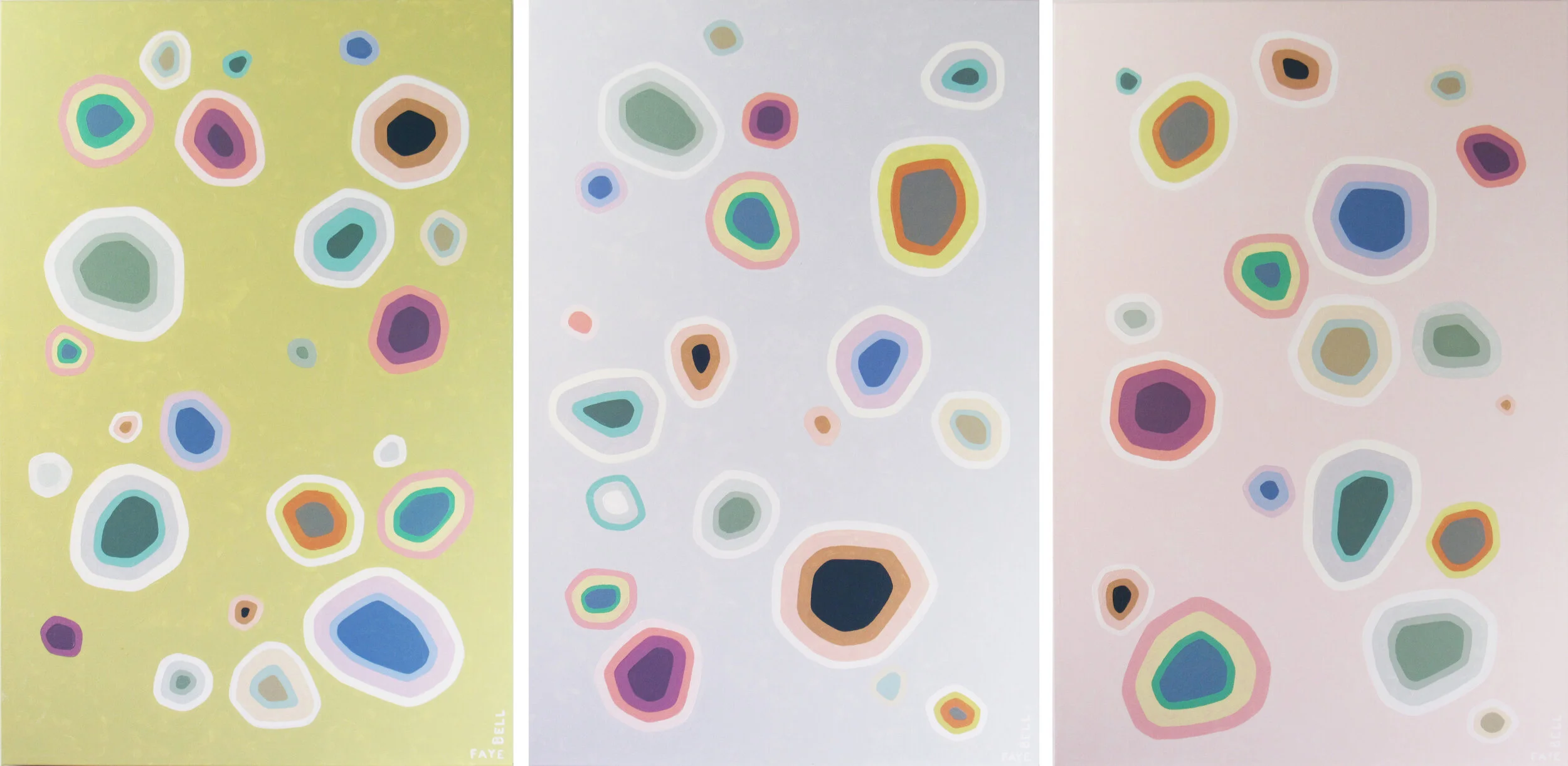 Diatoms 8-10 , 2019, 20x30 each, acrylic on canvas. available individually through Atlanta Artist Collective .