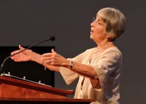 Betty Pflepsen leads the congregation in song.