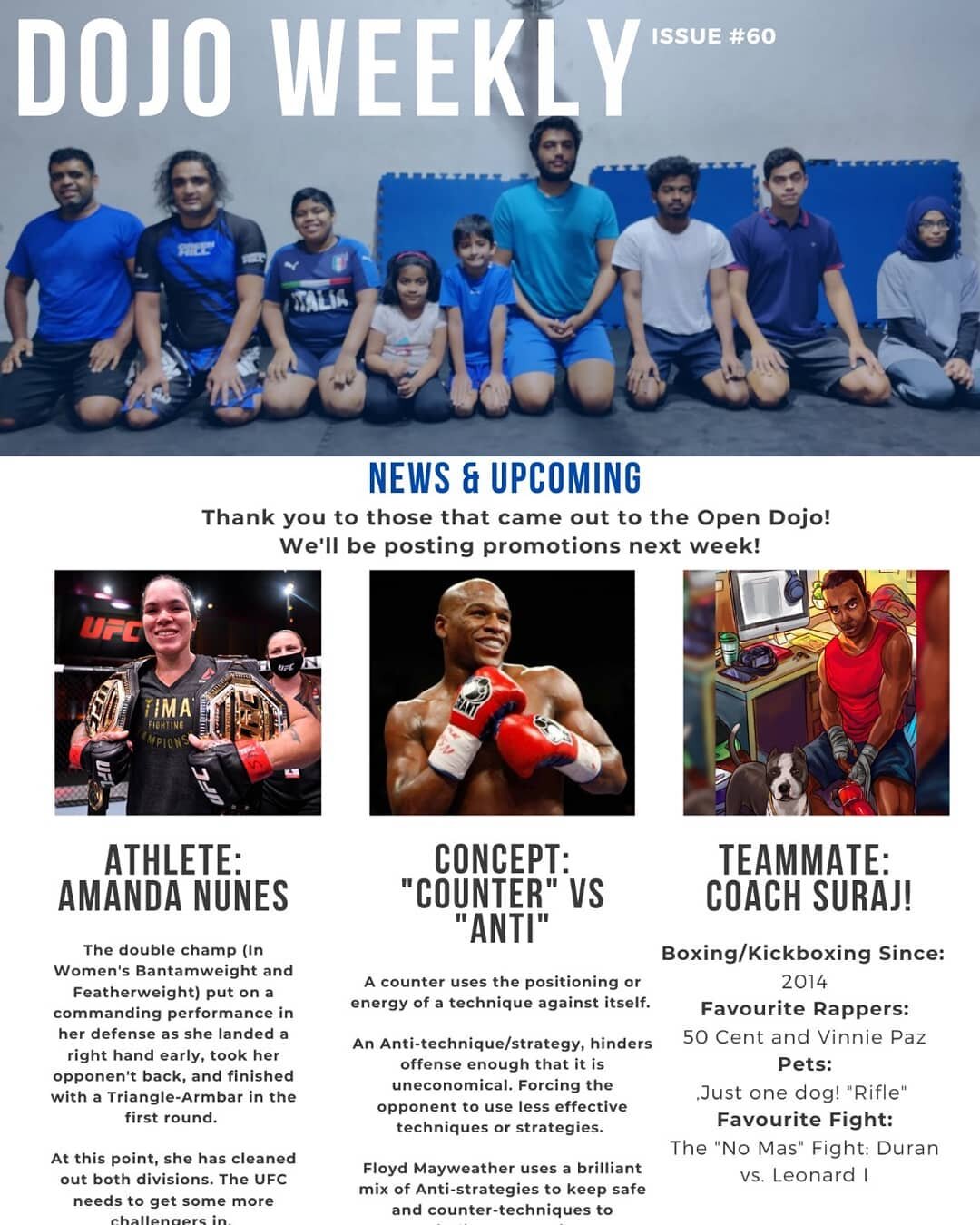 📰 Issue 60: #amandanunes , #counter vs #Anti, and getting to know Coach Suraj ( @_._rumble_in_the_jungle_._ ) 

🥊

#mma #mmanews #boxing #boxingnews #newsletter #team #dojoweekly #ufc #bjj #gymnews