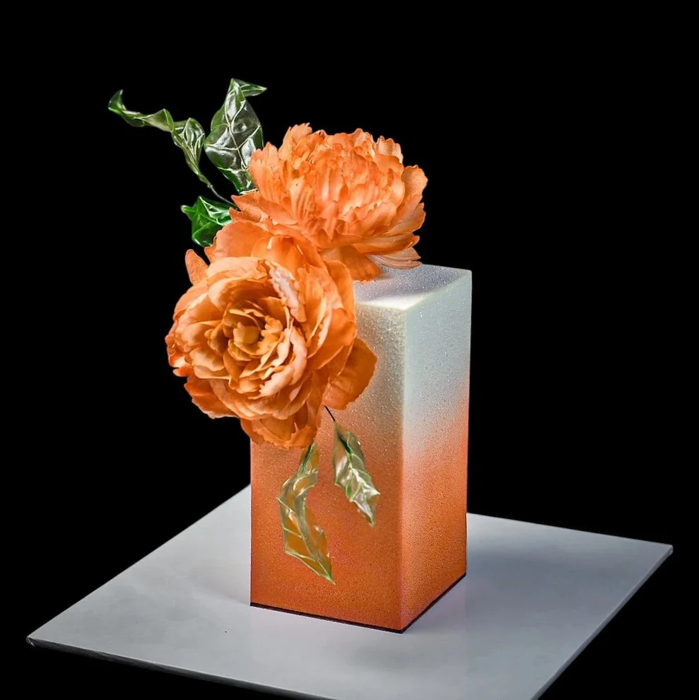 Birthday Cake with chocolate velvet and wafer peony.  A Milestone birthday cake with sugar flowers