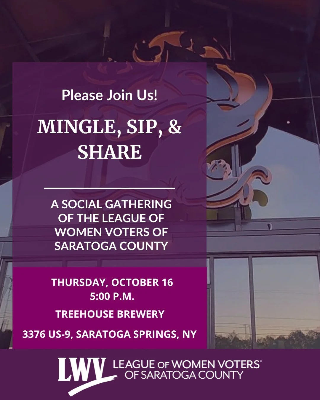 All are welcome to join the League of Women Voters of Saratoga County for our next Mingle, Sip, and Share event on Thursday October 16th at 5 pm!