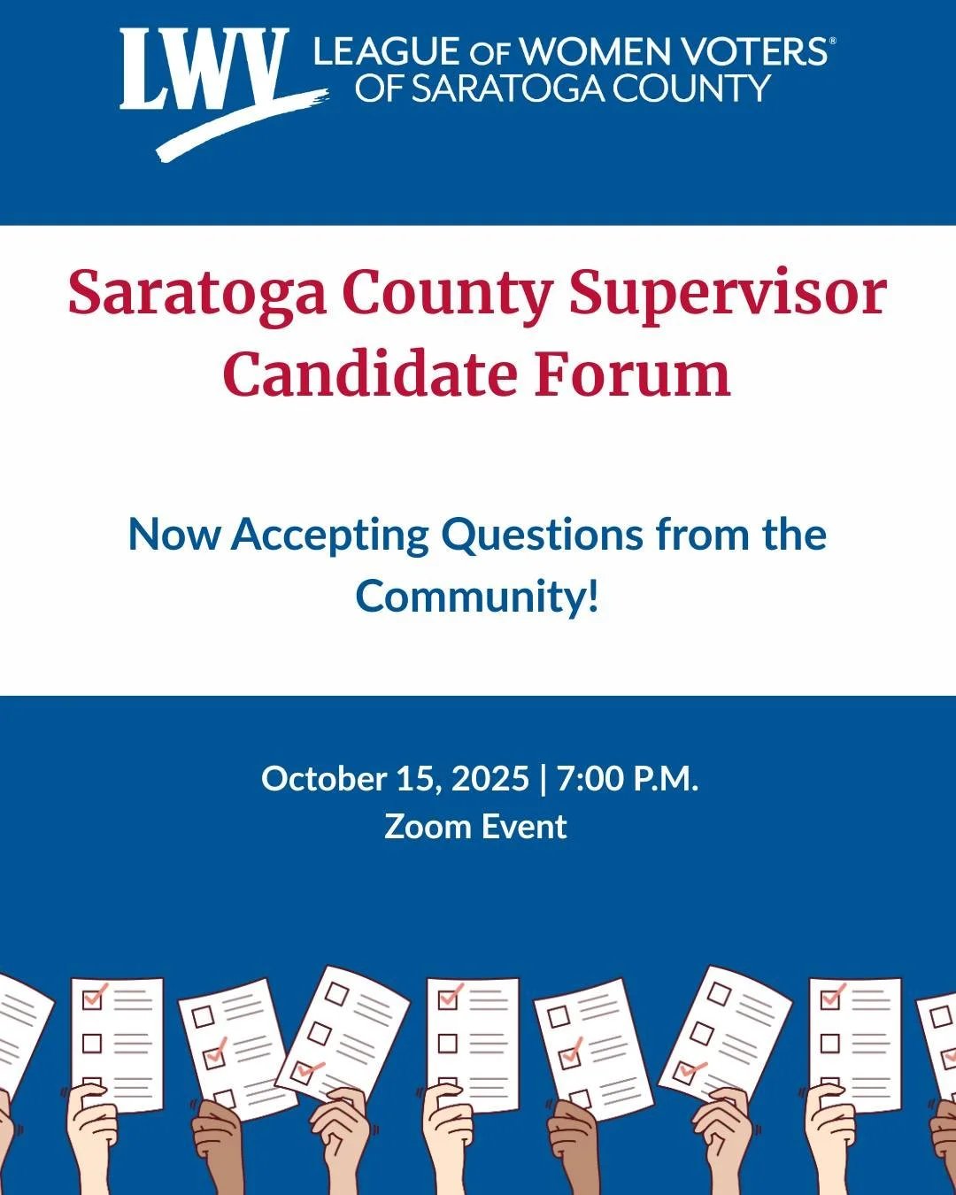 📣 Meet the Candidates for County Supervisor, Saratoga Springs

The League of Women Voters of Saratoga County will host a virtual candidate forum for the office of County Supervisor, Saratoga Springs:

Wednesday, October 15 from 7:00&ndash;8:00 PM
Zo