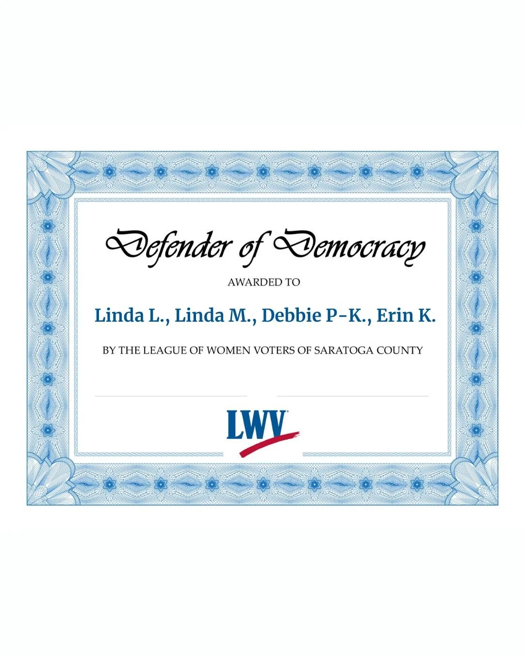 Over a five-month period, our League held four Profiles in Courage sessions across Saratoga County, each highlighting effective strategies of a past resistance movement and the people who stood up for democracy.

We are proud to recognize four of our