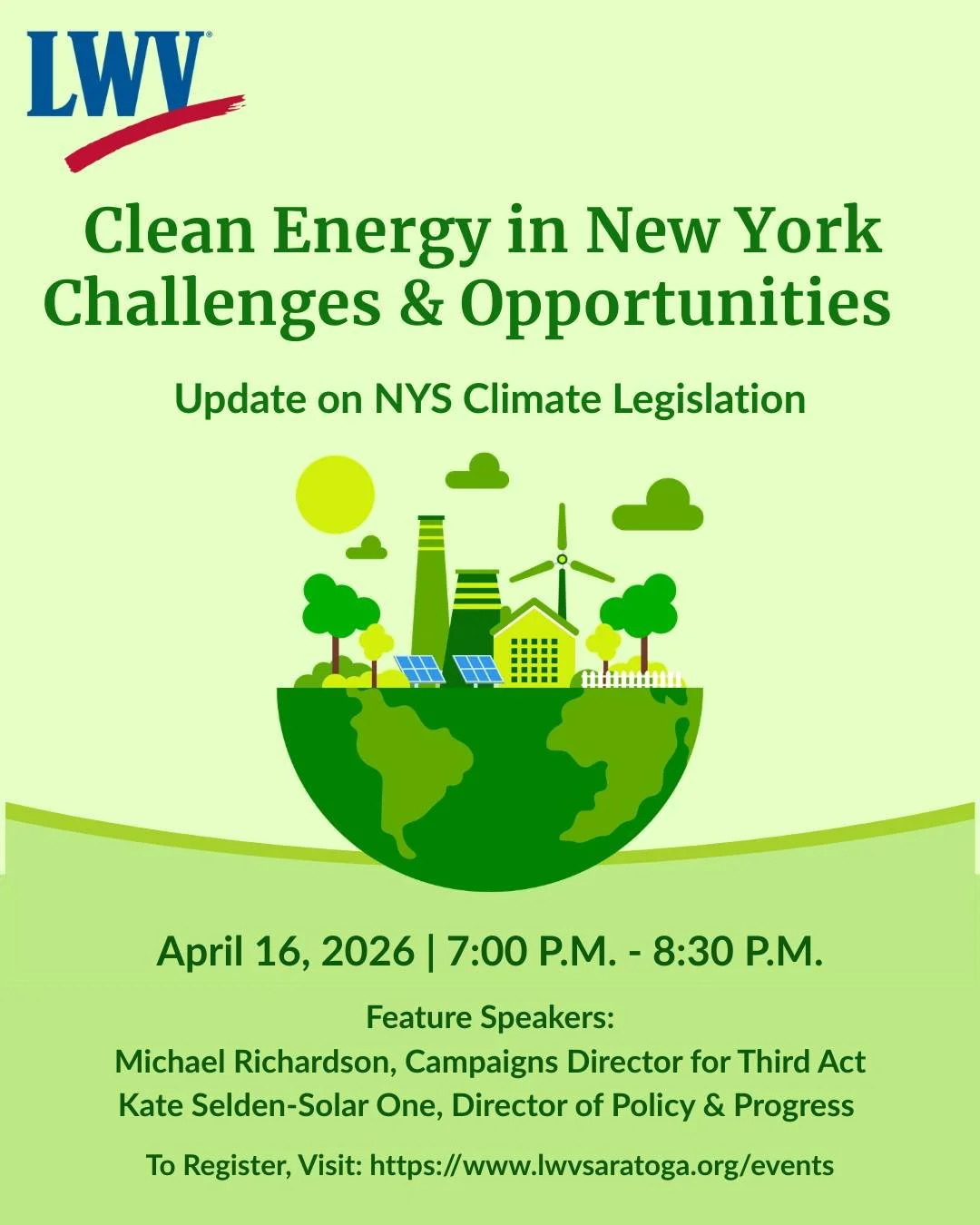 In case you missed it...but our Climate Can&rsquo;t Wait! 

Please join us for our next climate event on April 16, 2026 at 7:00 PM - 8:30 PM.

New Yorkers are facing dual challenges: rising energy costs and the accelerating impacts of climate change.