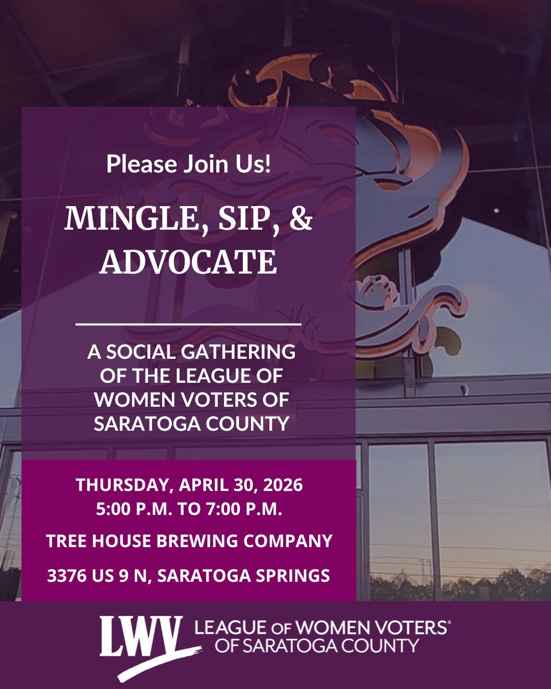 Join us for our next Mingle, Sip, and Advocate!

We will be working on a hands-on project to write your local representative to act on New York State bills supported by the League. Or you can join us to de-stress for a couple of hours with a fun grou