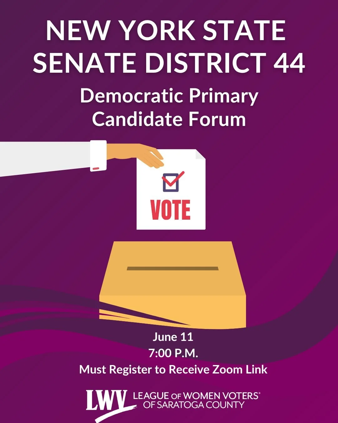 🚨 In Case You Missed It! 🚨 

The League of Women Voters of Saratoga and Schenectady Counties are hosting a candidate forum for NY&rsquo;s 44th Senate District Democratic Primary on June 11th at 7pm on Zoom. Both candidates, Patrick Nelson and Sarah
