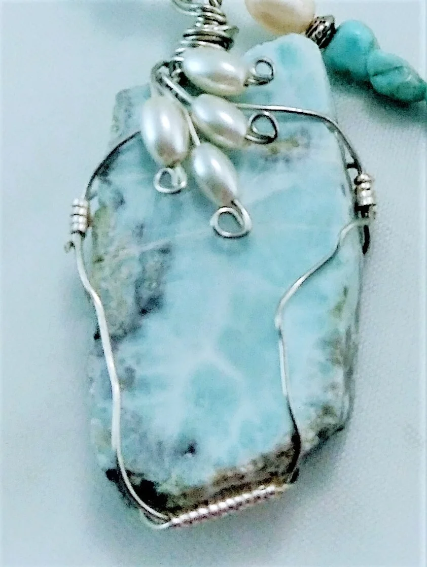 Wire-Wrapped Larimar \u0026 Pearl Necklace 