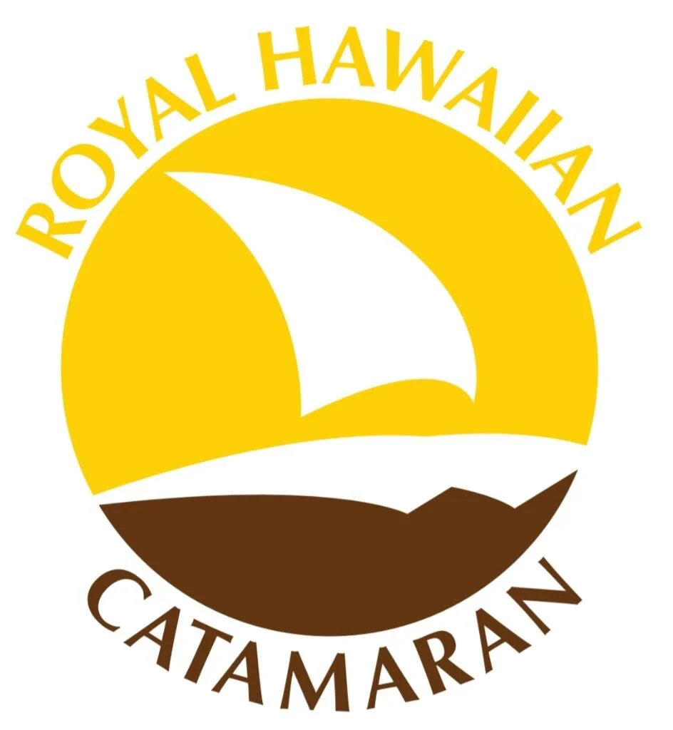 Logo of the Royal Hawaiian Catamaran featuring a yellow sun, a white sailboat, brown land, and the words "Royal Hawaiian" above and "Catamaran" below.