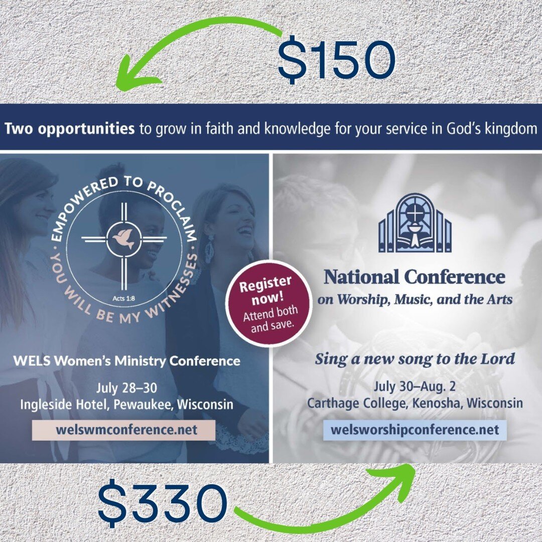 Lock in early bird pricing by April 30th for the WELS Women&rsquo;s Ministry Conference and WELS National Conference on Worship, Music, and the Arts! More info available at the sites listed. 
.
.
.
.
.
#raisedwithjesus #lutheran #toledo #welstoledo #