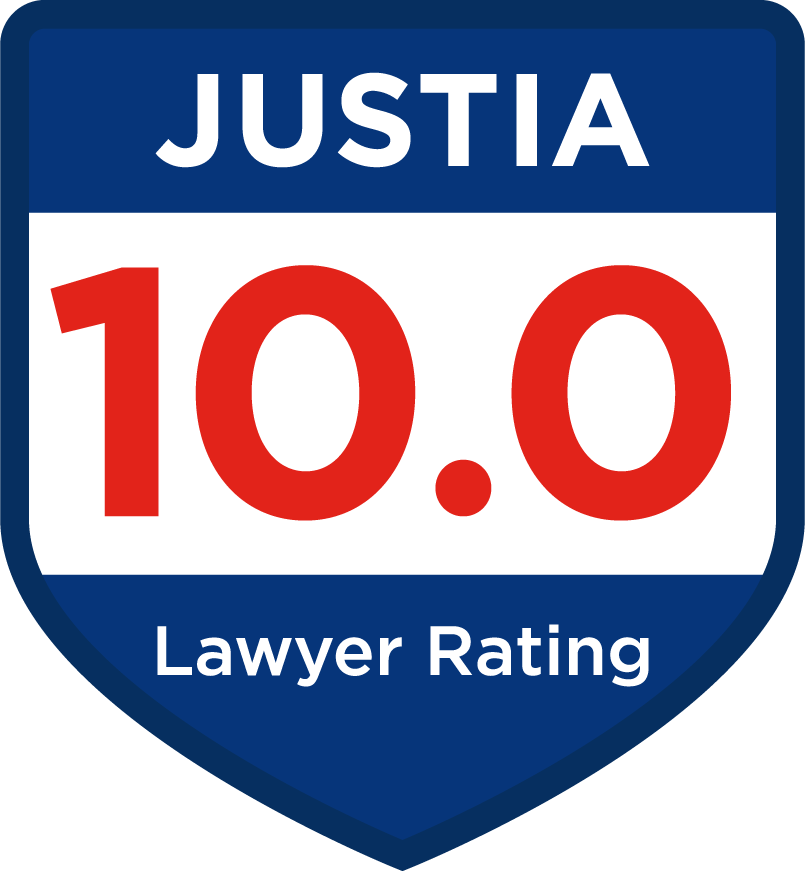 A badge with a blue background that reads 'Justice 10.0 Lawyer Rating'