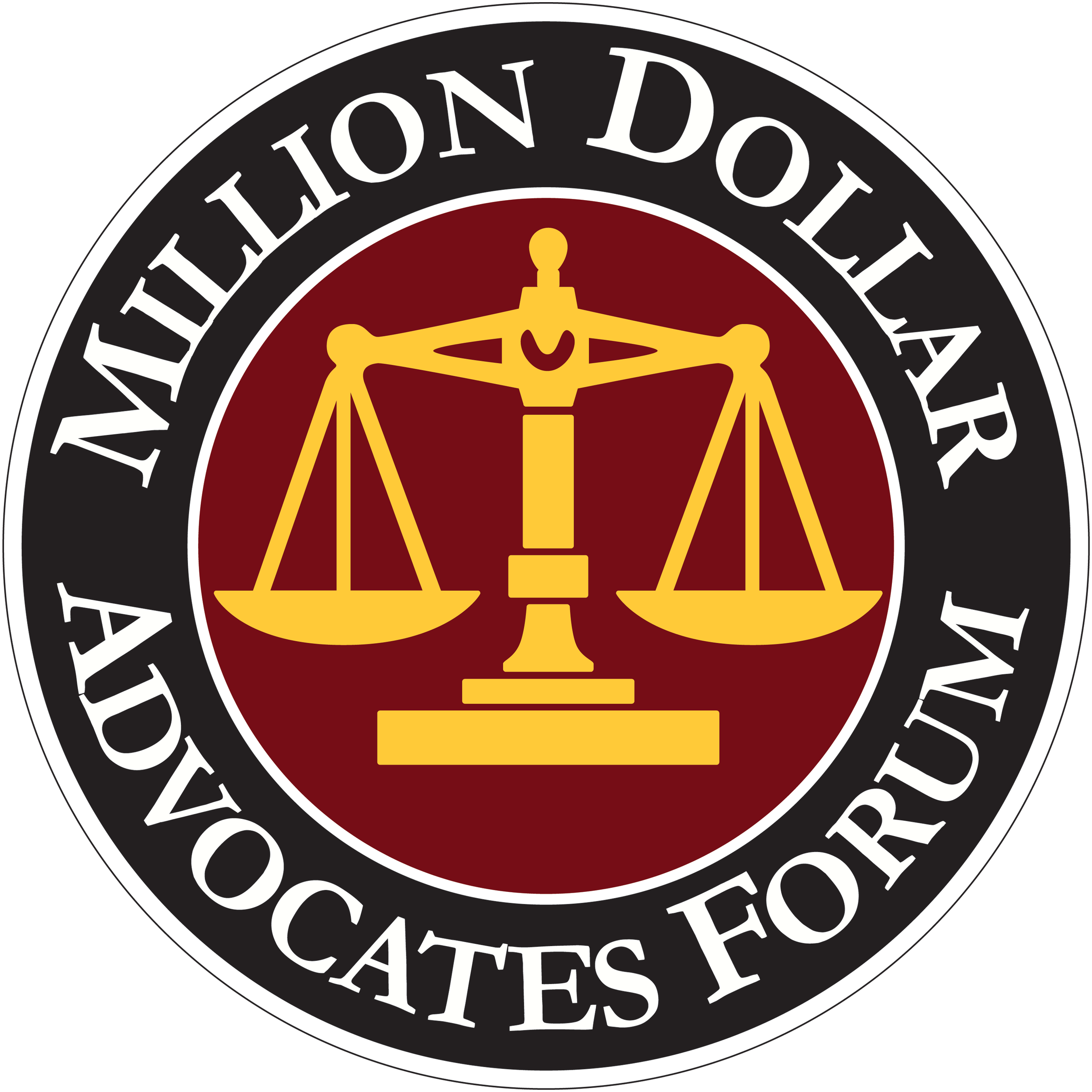 Seal of the Michigan Dollar Advocates Forum featuring a gold legal scale on a maroon background, encircled by a black ring with white text.