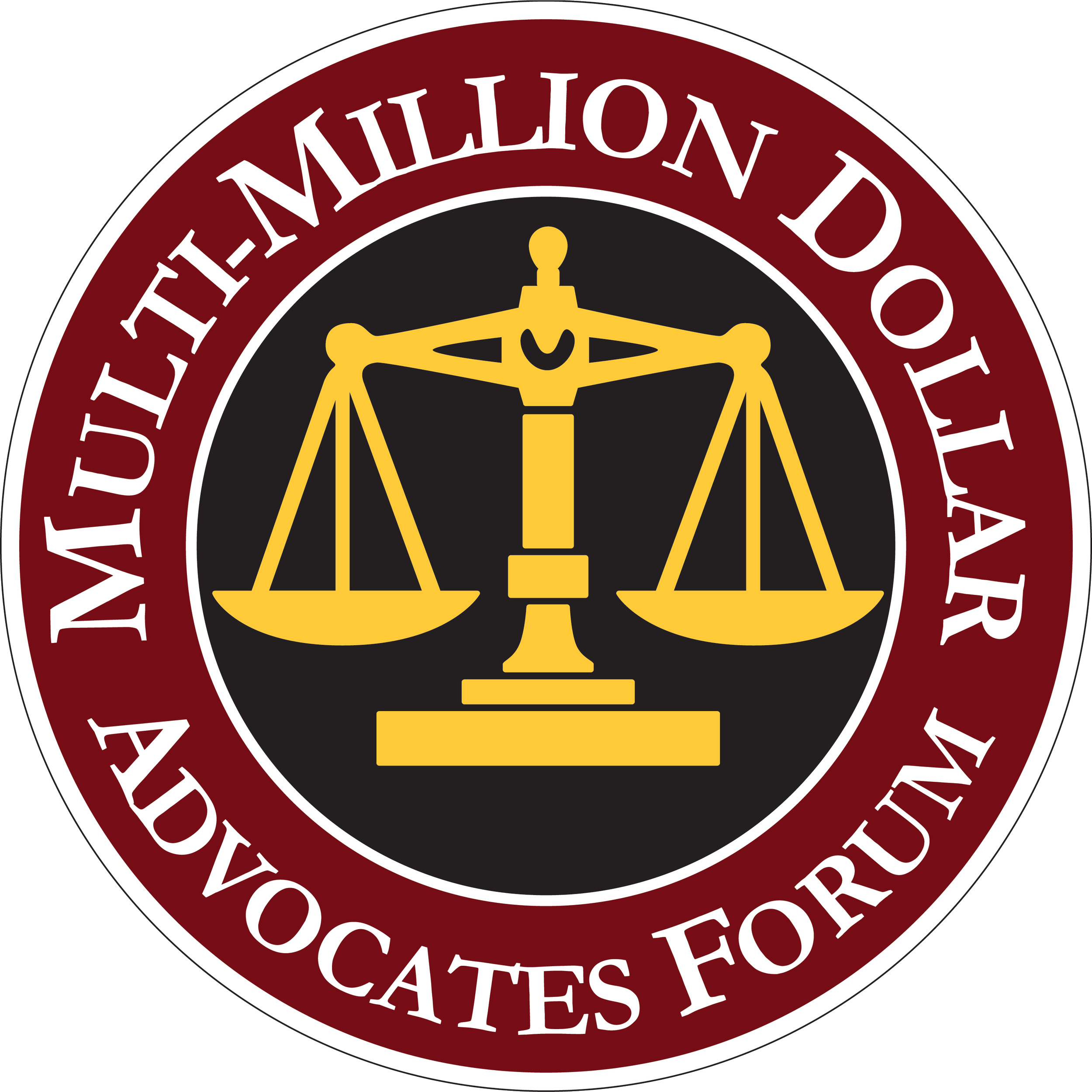 Seal with a black circle containing a gold balance scale in the center. Surrounding the circle is a red ring with white text that reads "MUSUL-MILLION DOLLAR ADVOCATES FORUM."