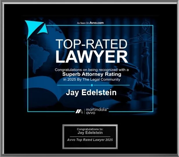 Certificate recognizing Jay Edelstein as a top-rated lawyer in 2025 by Avvo, with a blue and black background featuring legal symbols and a world map.