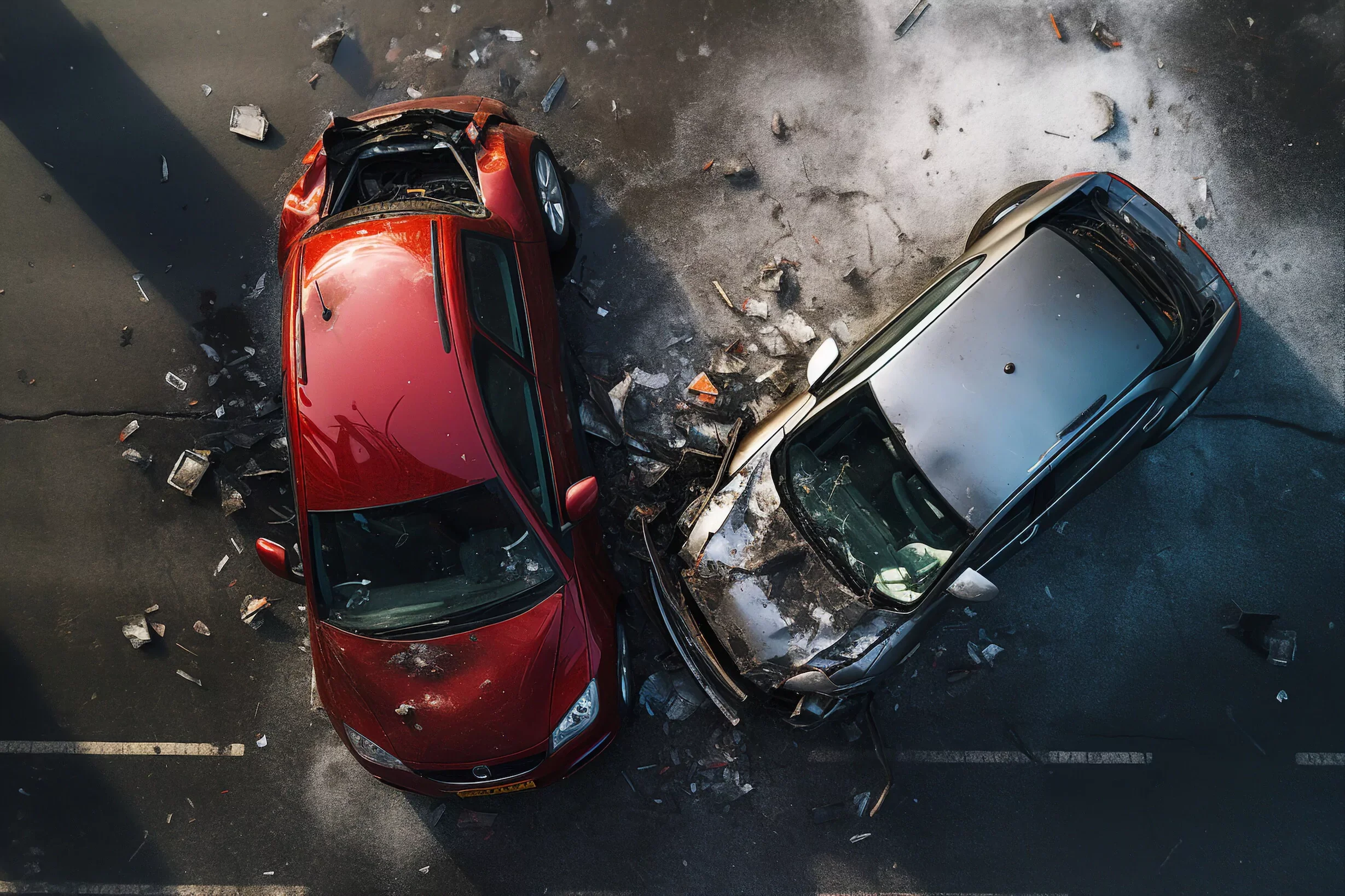 Damaged white and gray cars after a collision, with front-end and side damage visible.