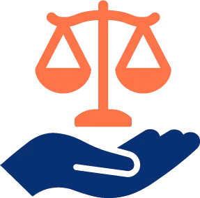 A hand holding scales of justice symbol with a blue background.