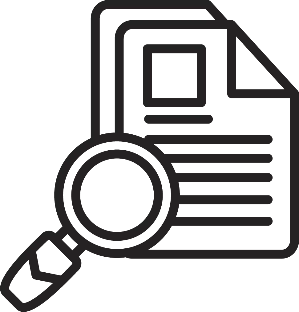 Icon of a document with lines of text, a placeholder for an image or symbol, and a magnifying glass over the document.
