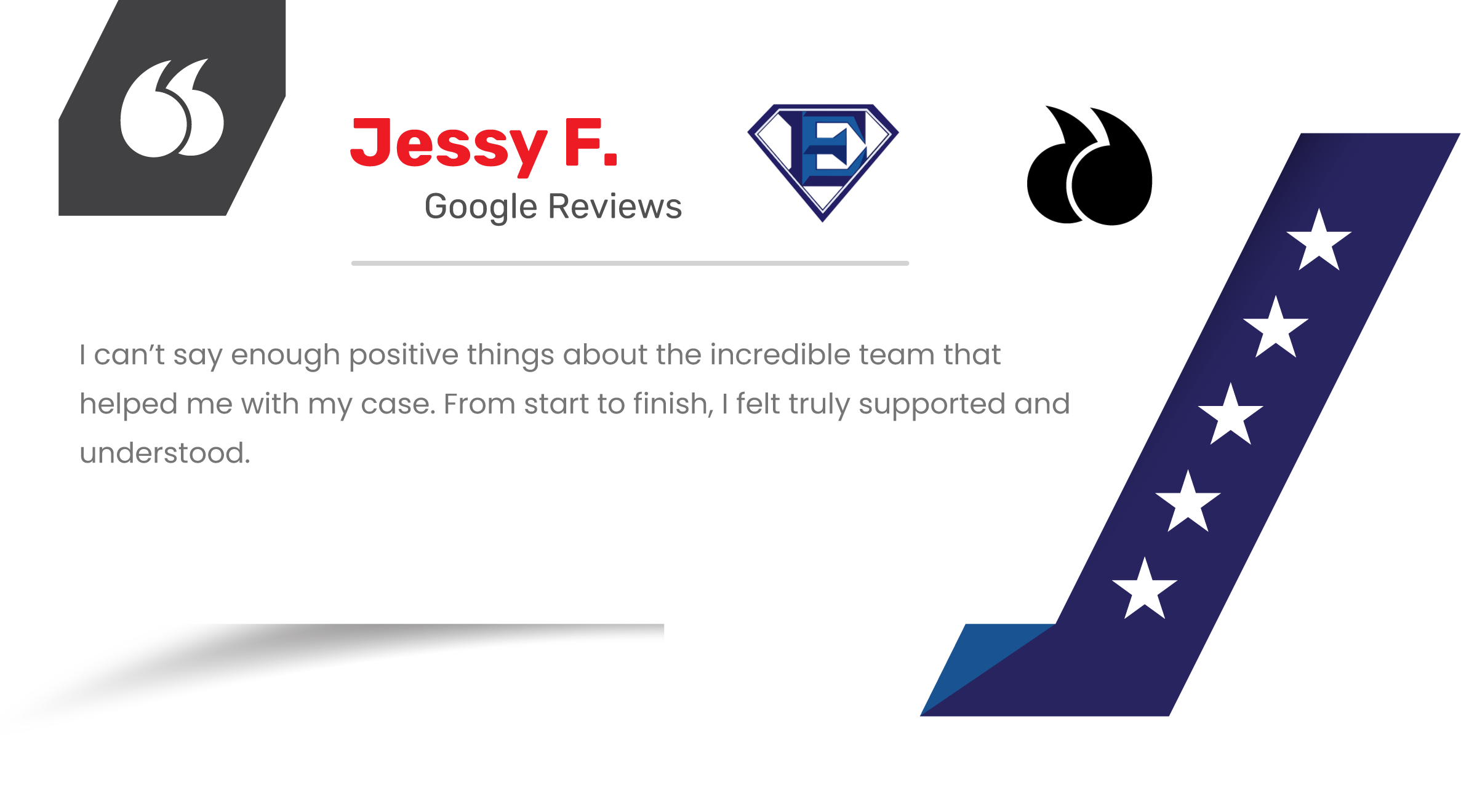 Screenshot of a Google reviews quote from Jessy F., praising an incredible team for support in her case, with various icons including a diamond-shaped logo, quotation marks, a star, and stars on a blue background.