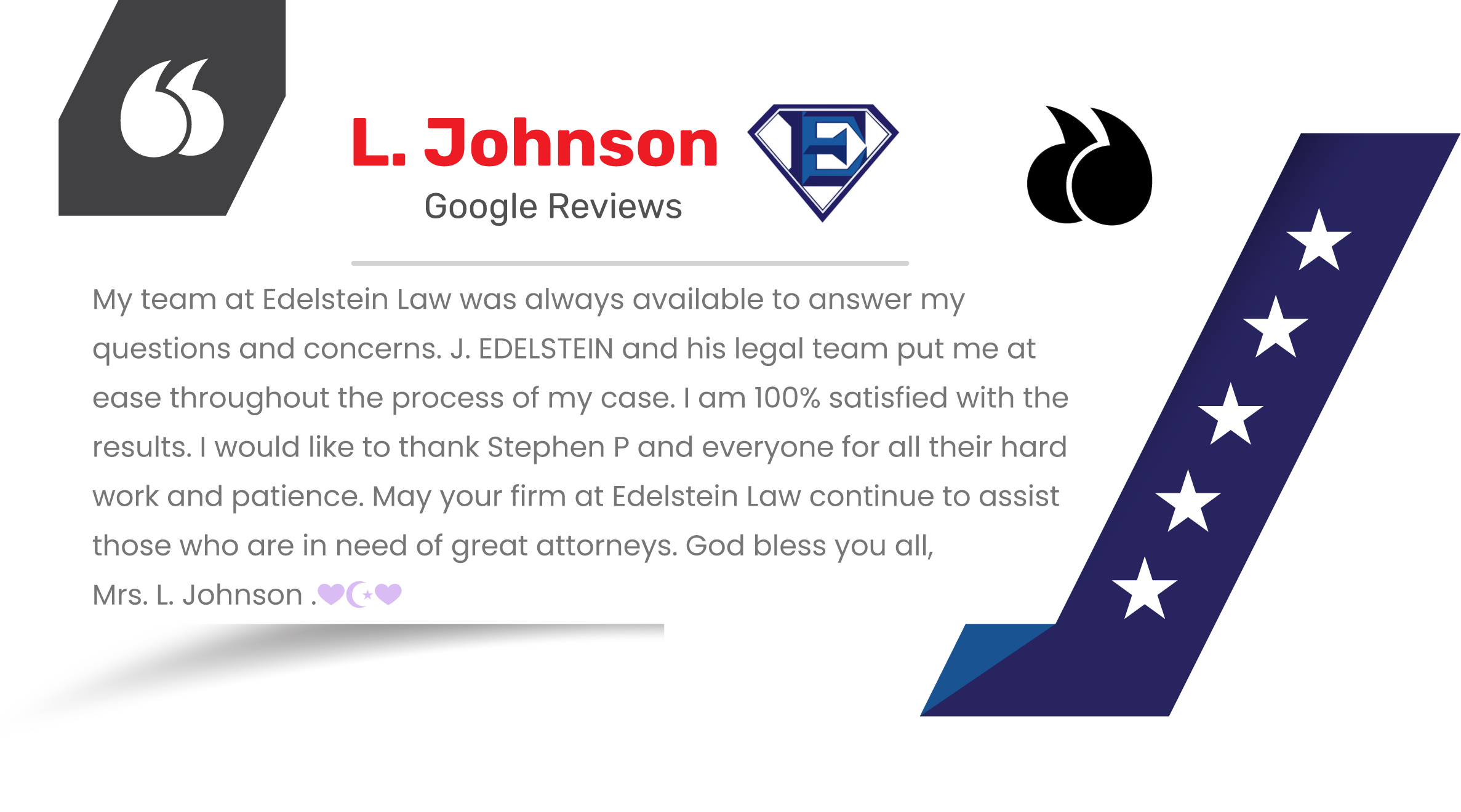 A graphic review card for L. Johnson from Google Reviews with a navy and white color scheme, featuring a diamond-shaped Superman logo, stars, and a quote icon, displaying a positive testimonial about Edelstein Law.