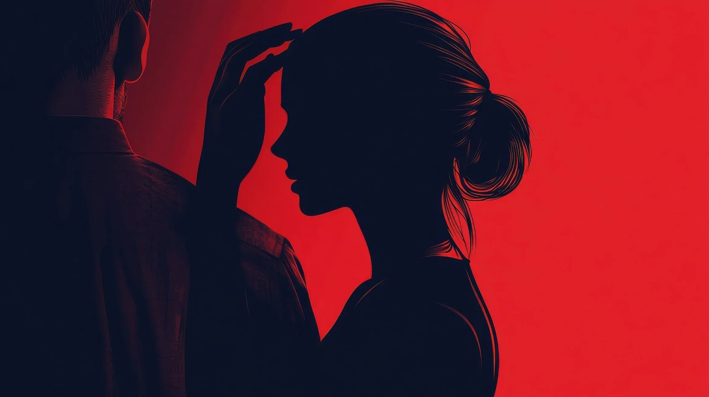 Silhouette of a woman and a man facing each other with a red background, with the man touching the woman's forehead.
