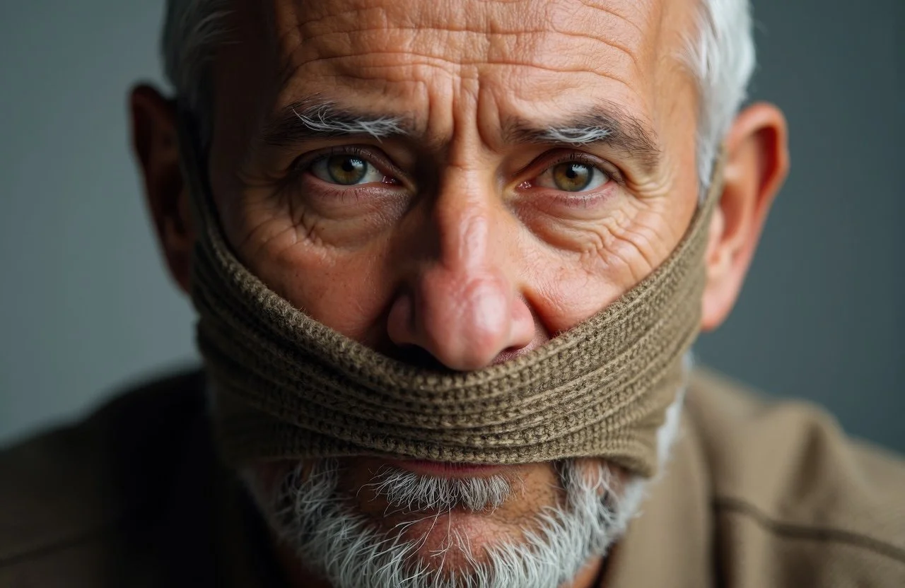 A close-up of an elderly man's face, with a knitted face covering over his nose and mouth, showing his brown eyes, white eyebrows, and beard.