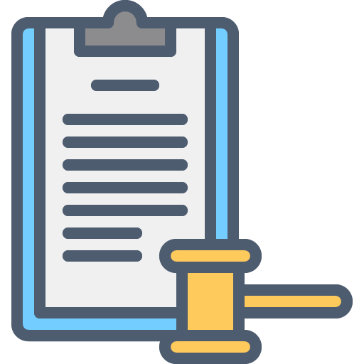Illustration of a clipboard with a gavel resting on it, symbolizing legal or judicial matters.