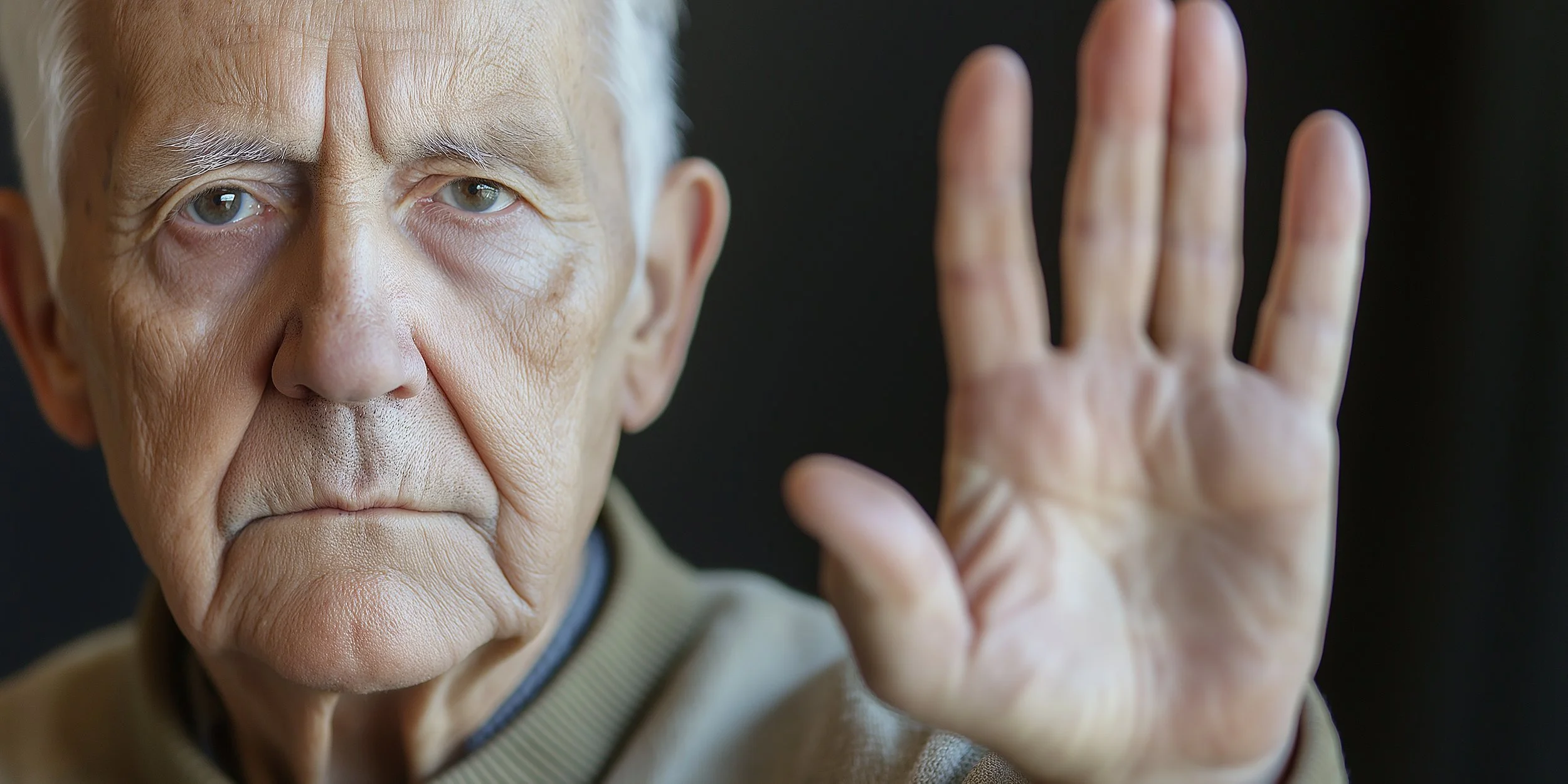 Older man raising an open hand in a stop gesture.