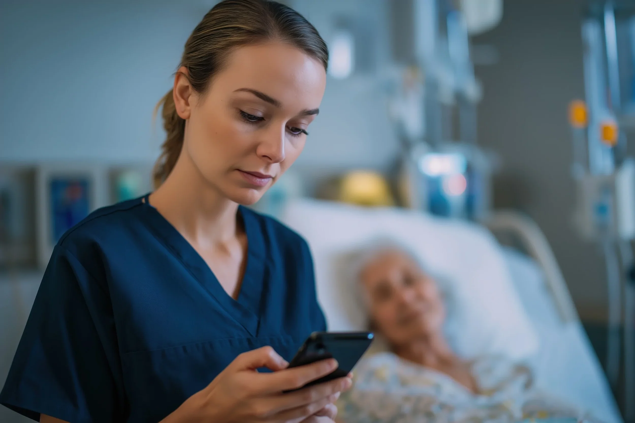 A young female nurse in blue scrubs checking her phone in a hospital room, with an elderly patient lying in bed behind her.
