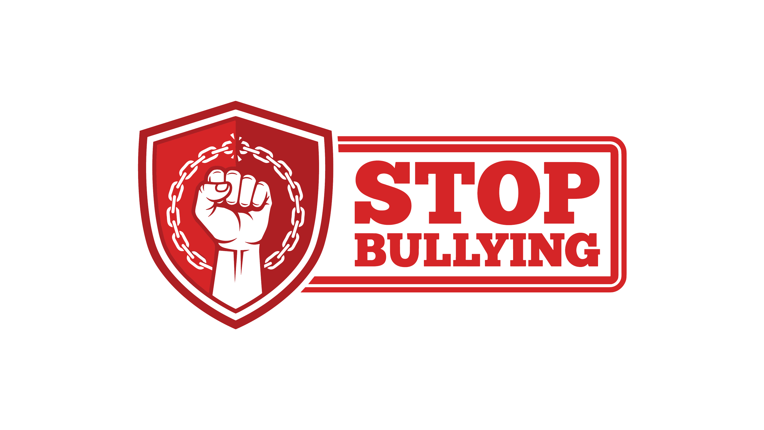 A graphic with a shield emblem featuring a raised fist, surrounded by a chain, next to bold red text that says 'STOP BULLYING' on a black background.