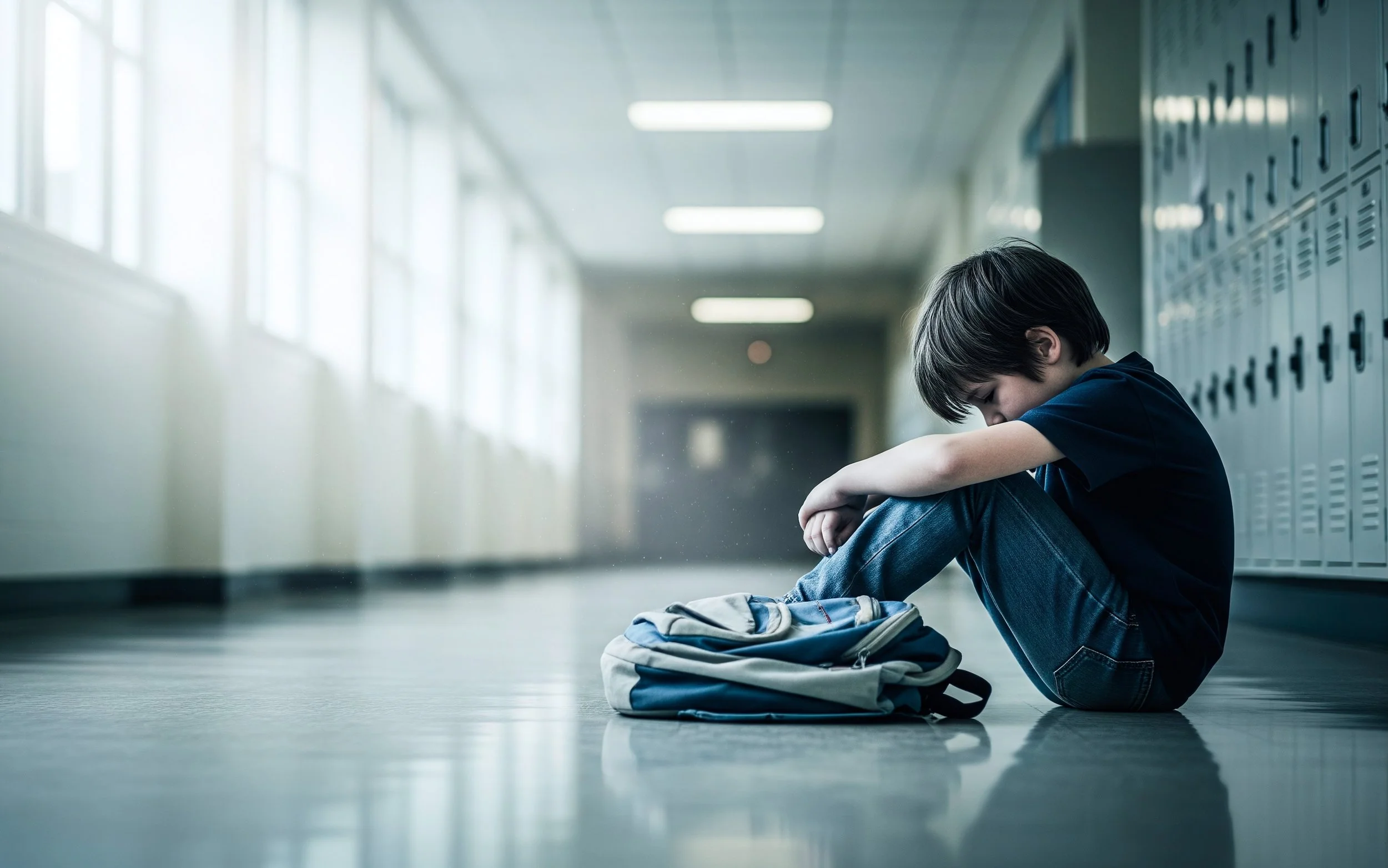 Student seated beside school lockers with his head resting on his arms and a backpack nearby.