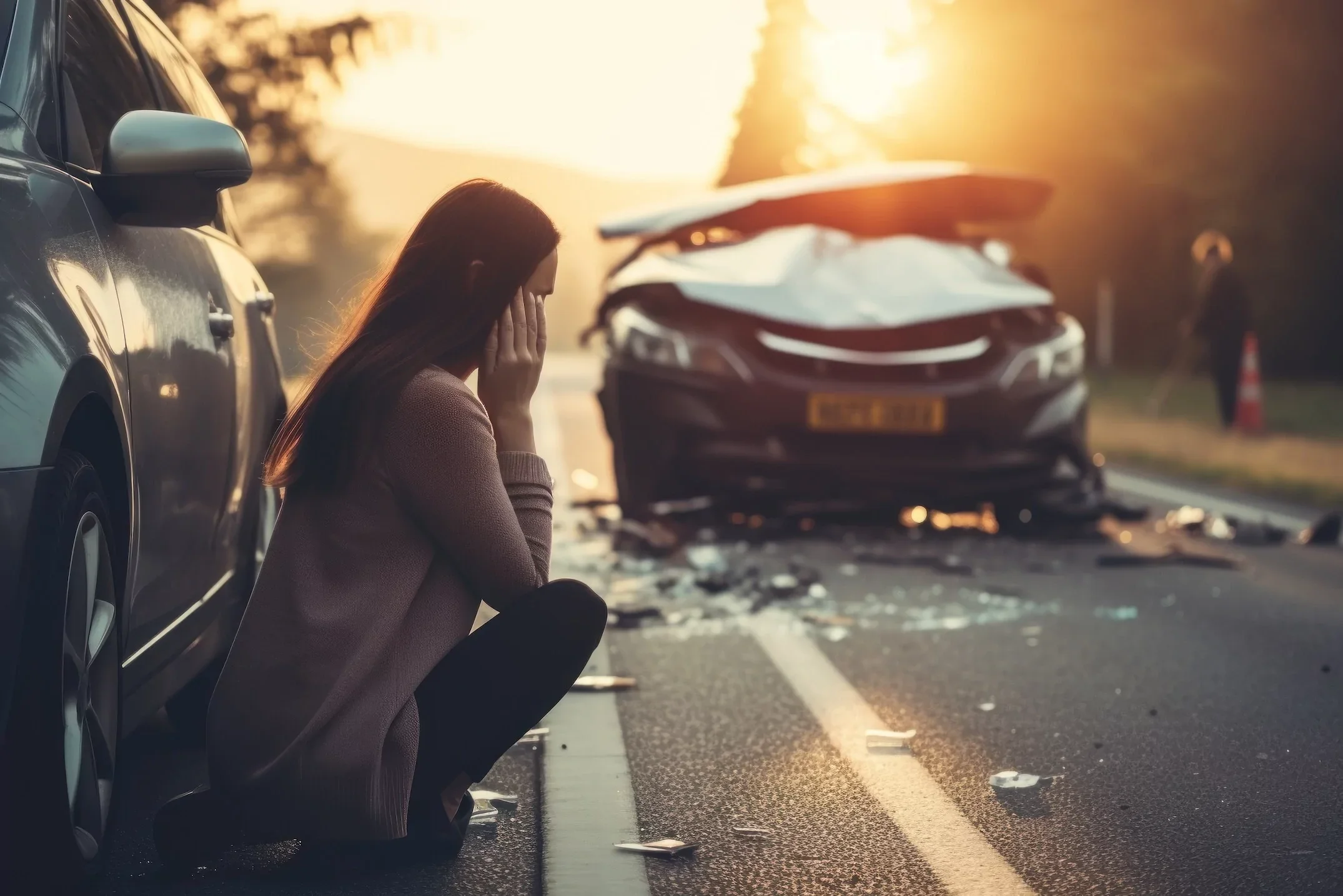 A woman sitting by her vehicle calling 911 after a major car accident.