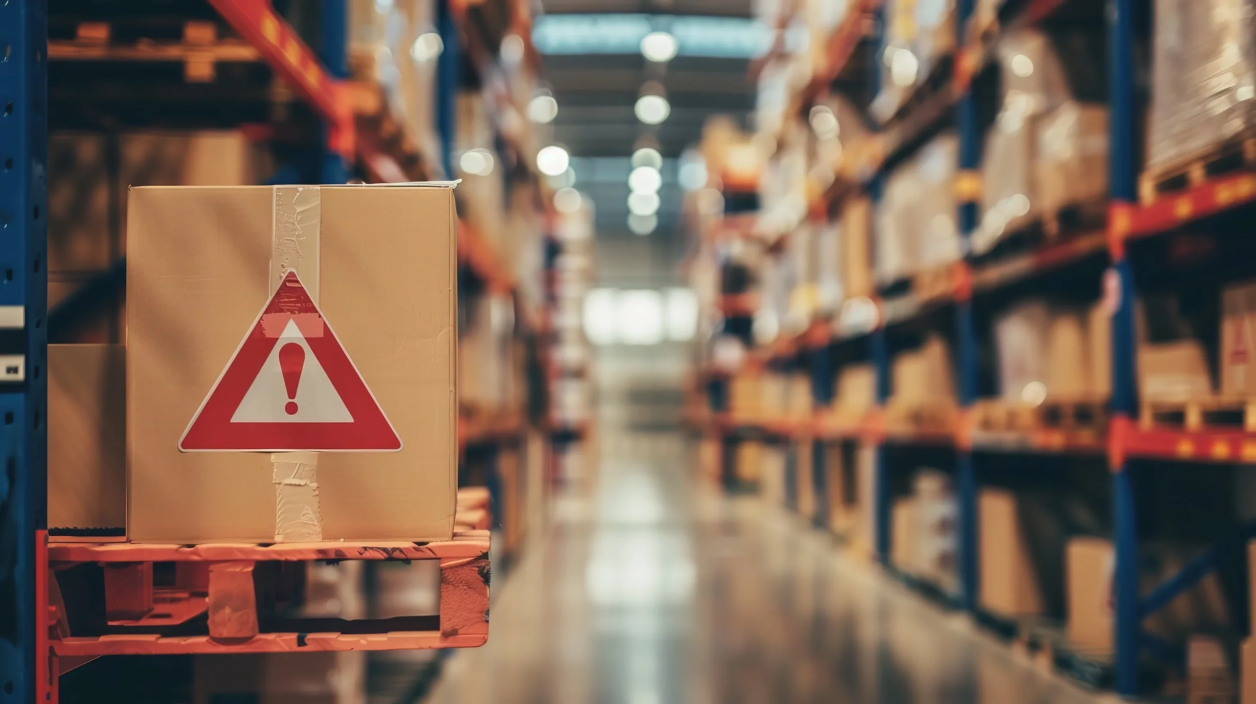 A cardboard box with a warning sign containing an exclamation mark on a pallet in an aisle of a warehouse.
