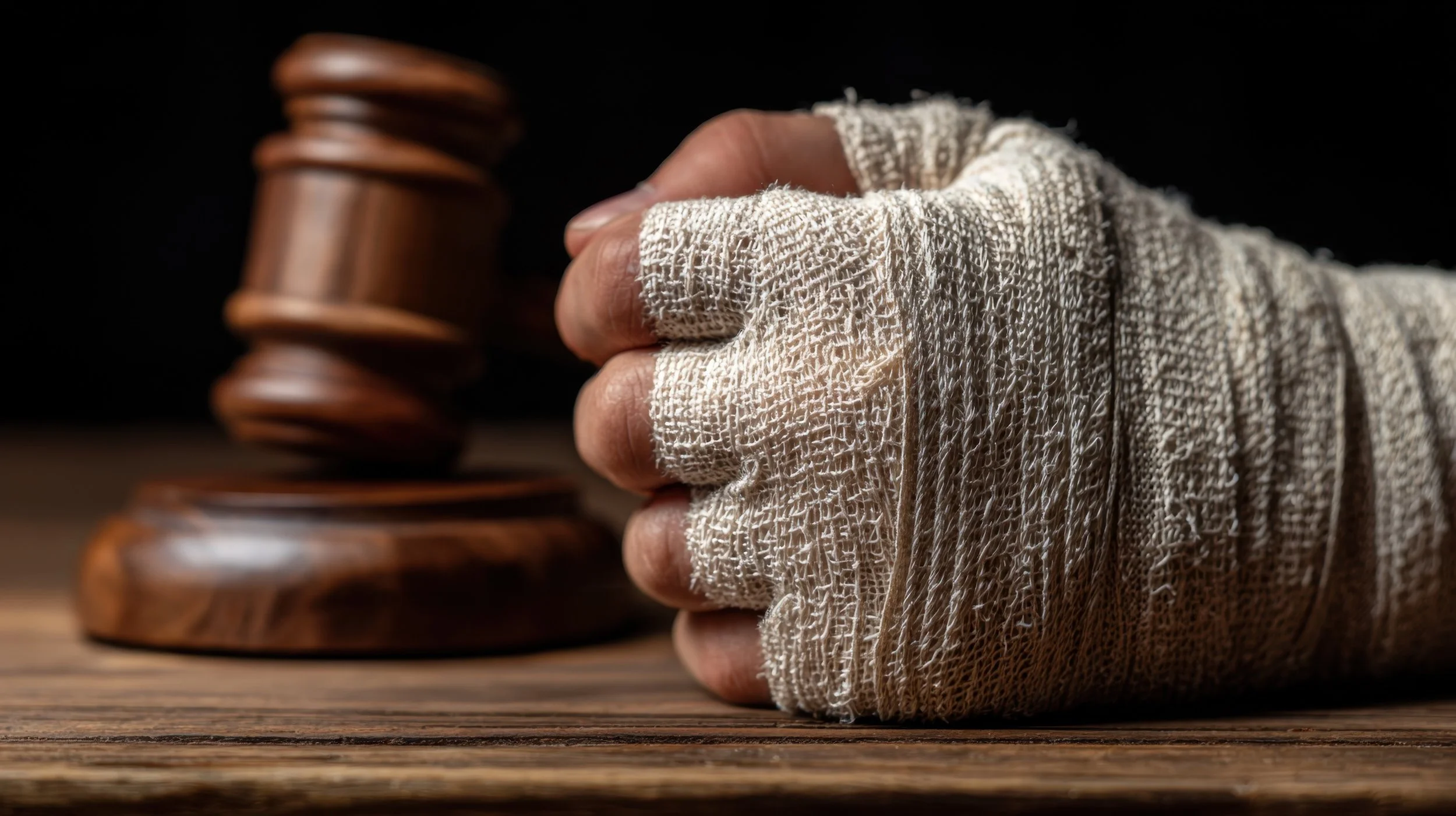 A gavel resting on a sound block, with a hand wrapped in a white bandage gripping the gavel.