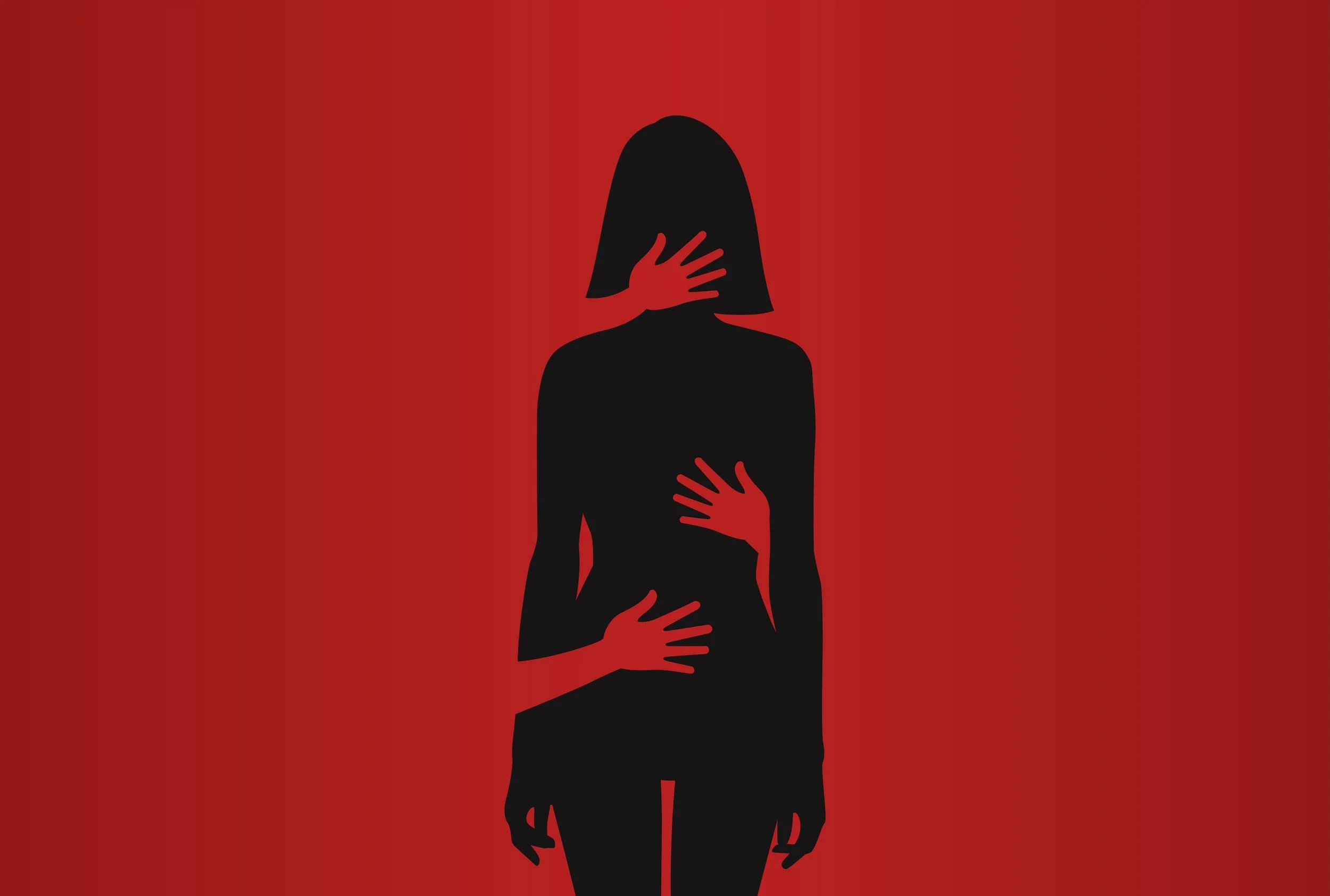 Silhouette of a woman with three hands reaching out and touching her in different places, set against a red background.