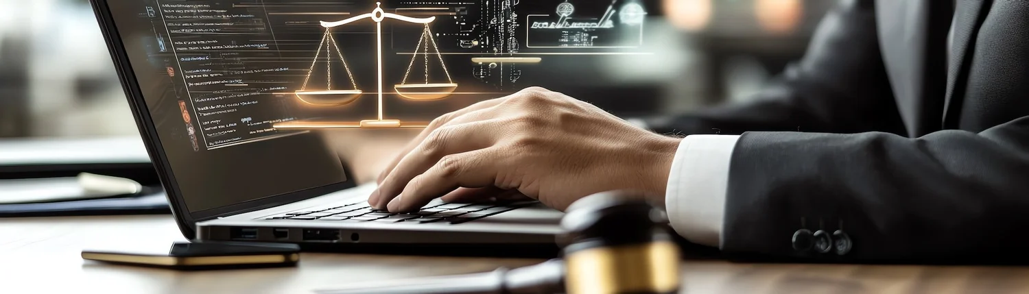 Legal professional working at a laptop with an illustration of the scales of justice.