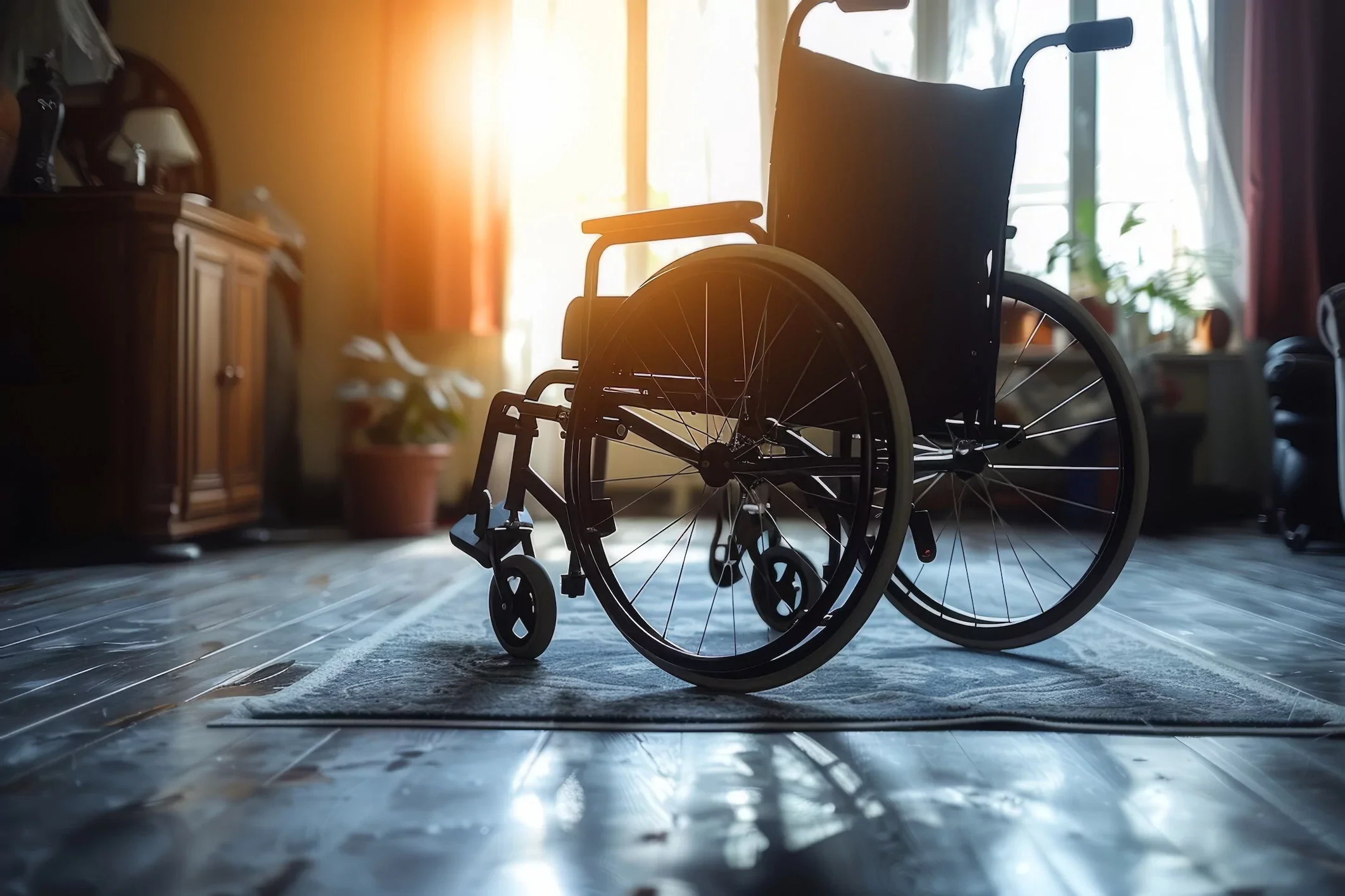 An empty wheelchair in a dimly lit room with sunlight coming through a window.