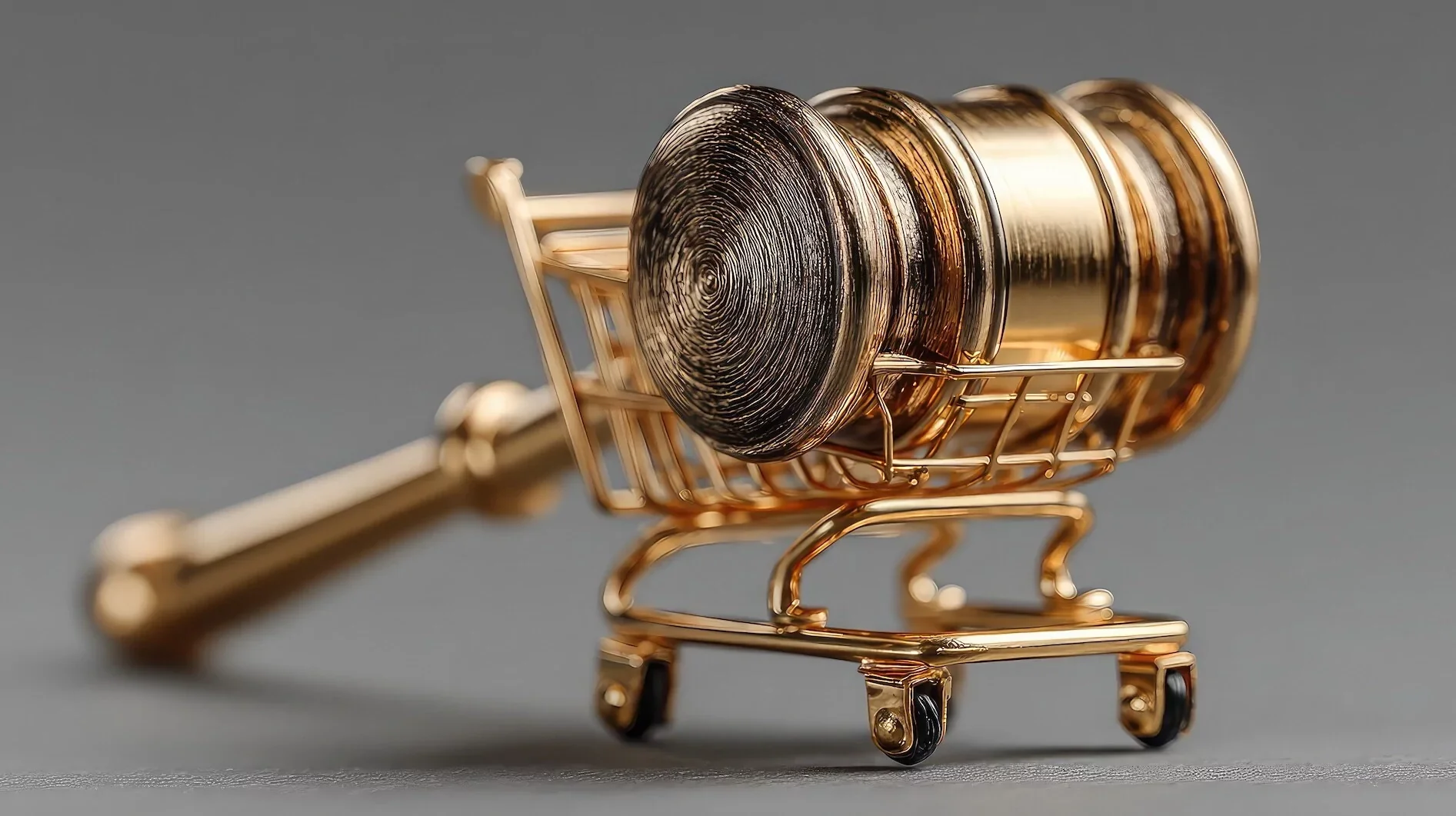 A miniature gold shopping cart holding several small gold and black containers with one container lying on its side.