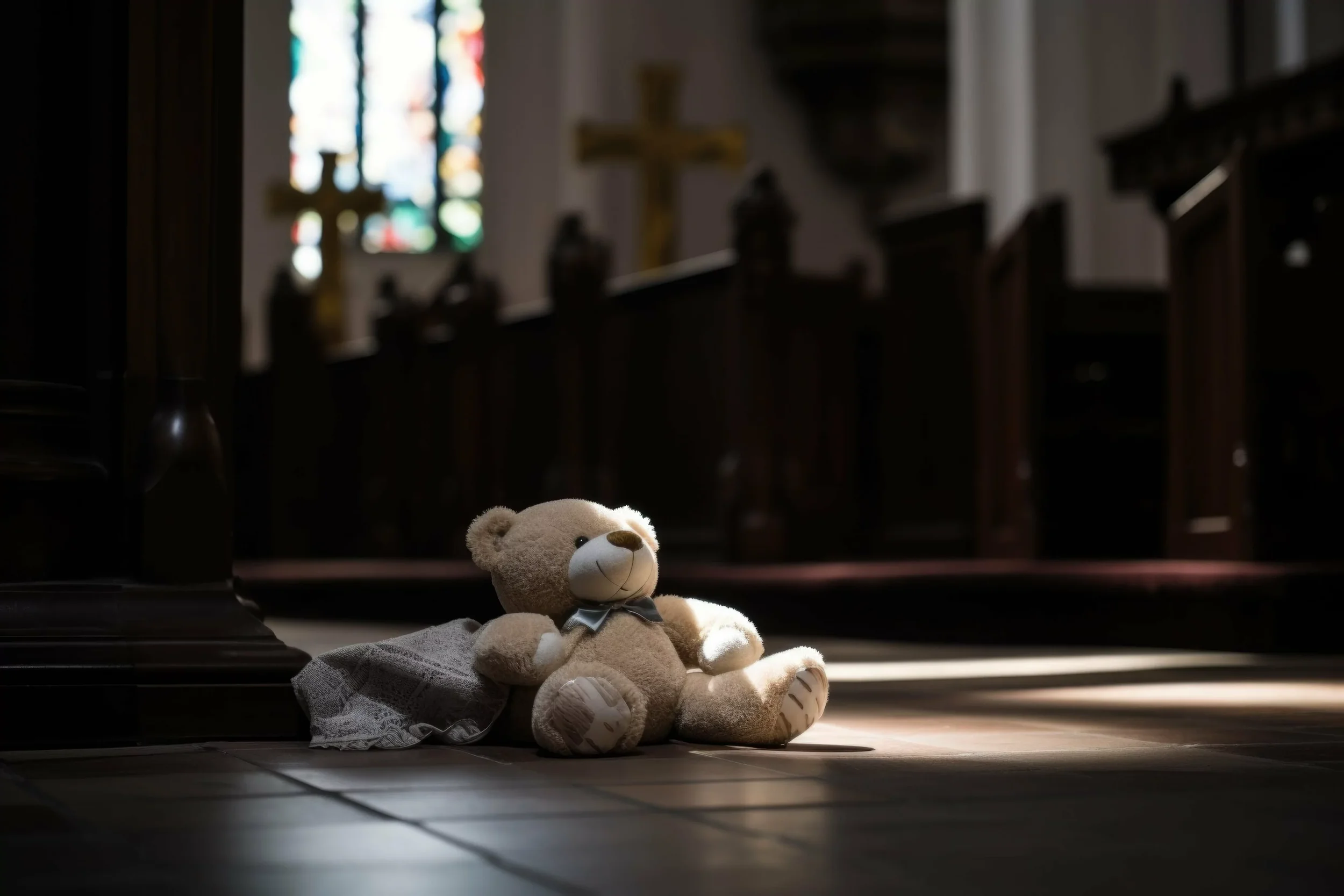 A teddy bear with a bowtie sitting on a cloth on a church floor, illuminated by sunlight through stained glass windows.