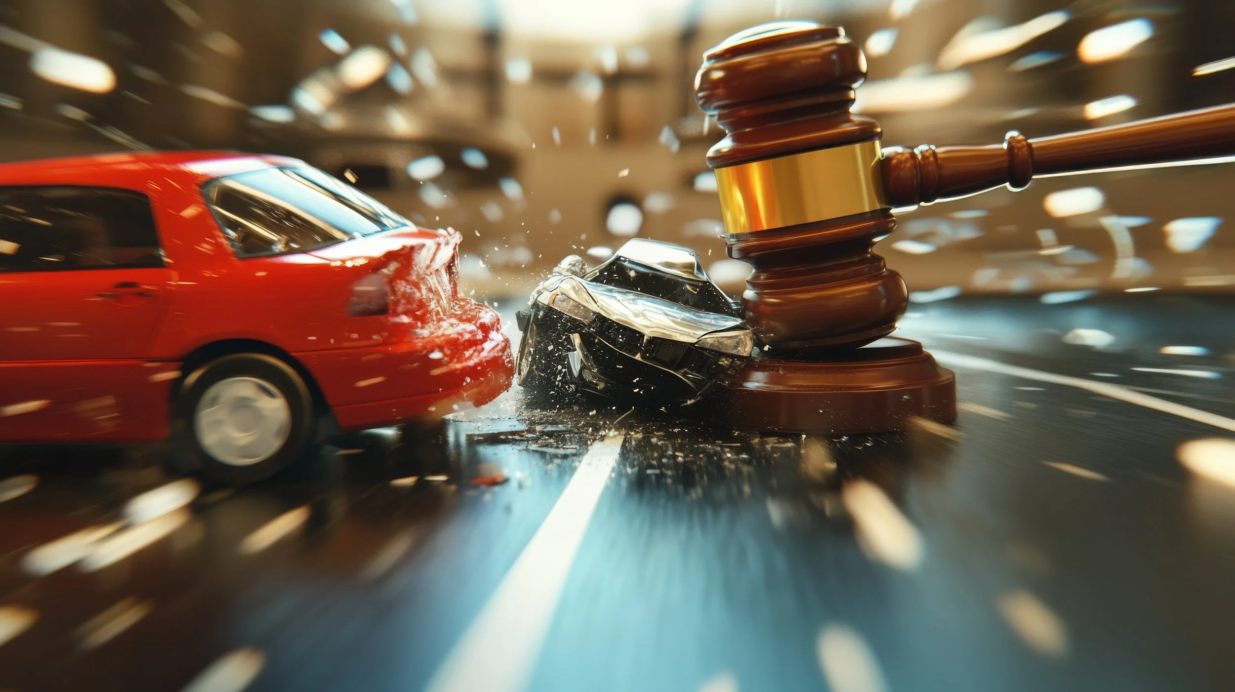 Illustration of a red car crashing into a large judge's gavel, symbolizing legal issues related to a car accident.