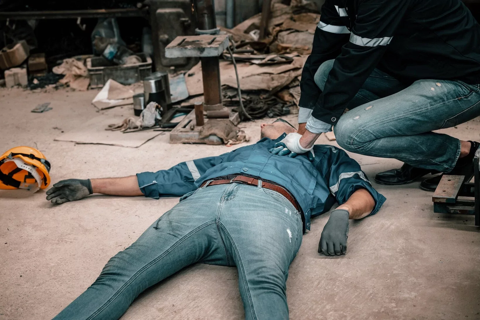 An emergency responder providing CPR to a man lying on the floor in what appears to be a workshop or industrial setting.