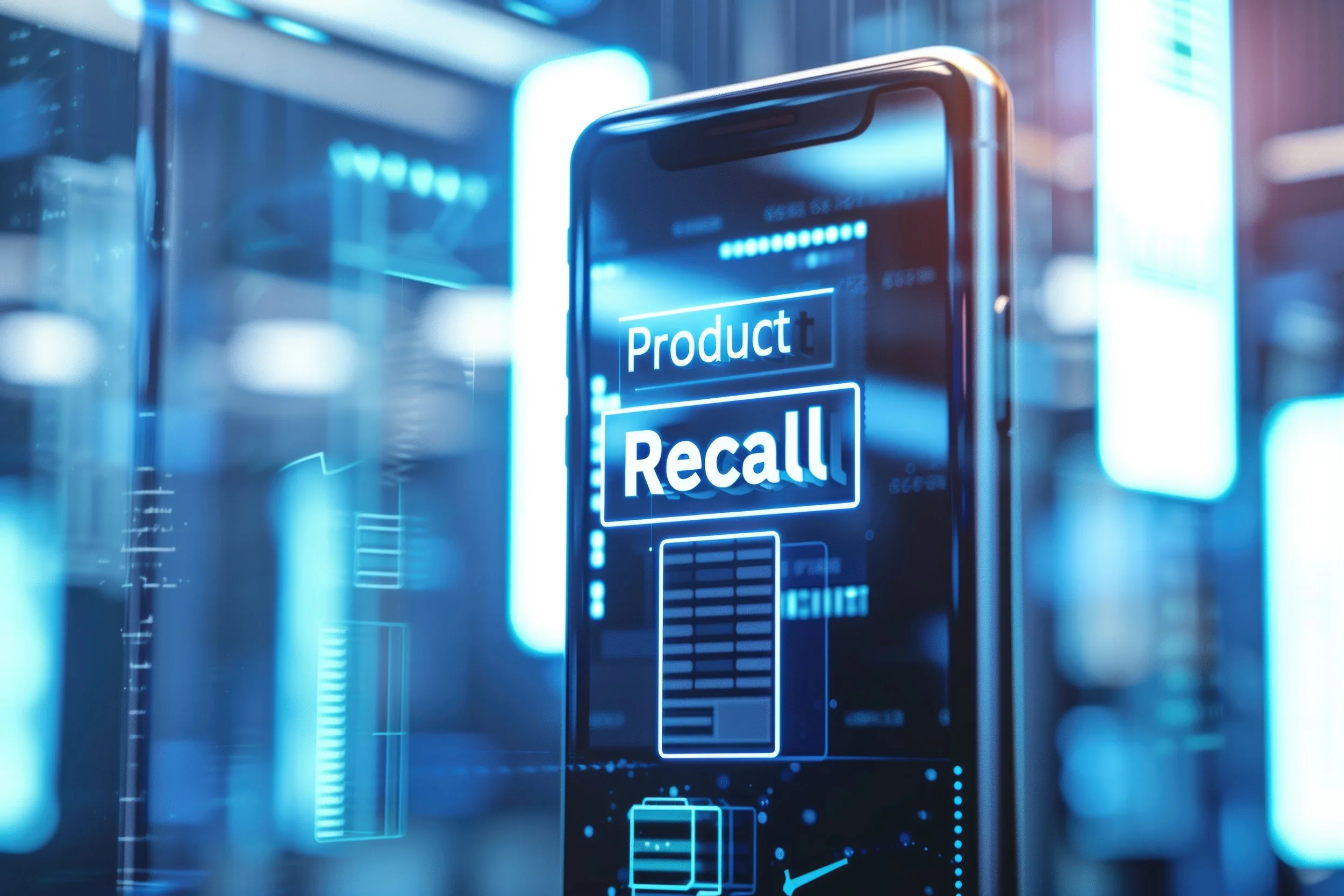 Smartphone displaying product recall notice, futuristic blue digital interface.