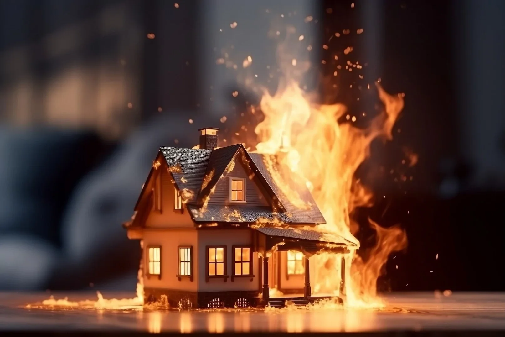 Miniature house model on a surface, engulfed in flames with bright orange fire and sparks, dark background.