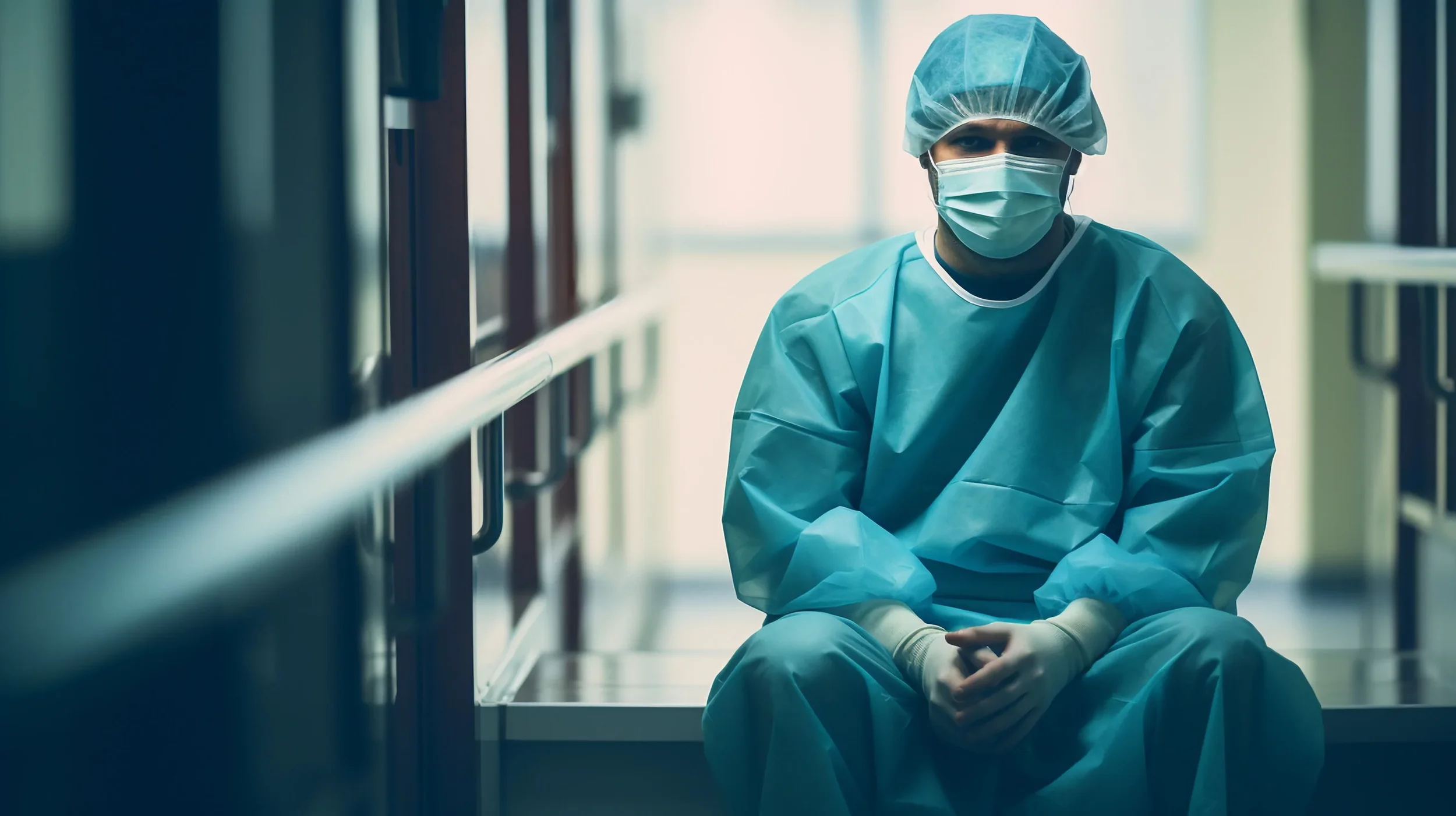 Healthcare worker sitting in a hospital corridor wearing scrubs, a surgical mask, and a hair cover.