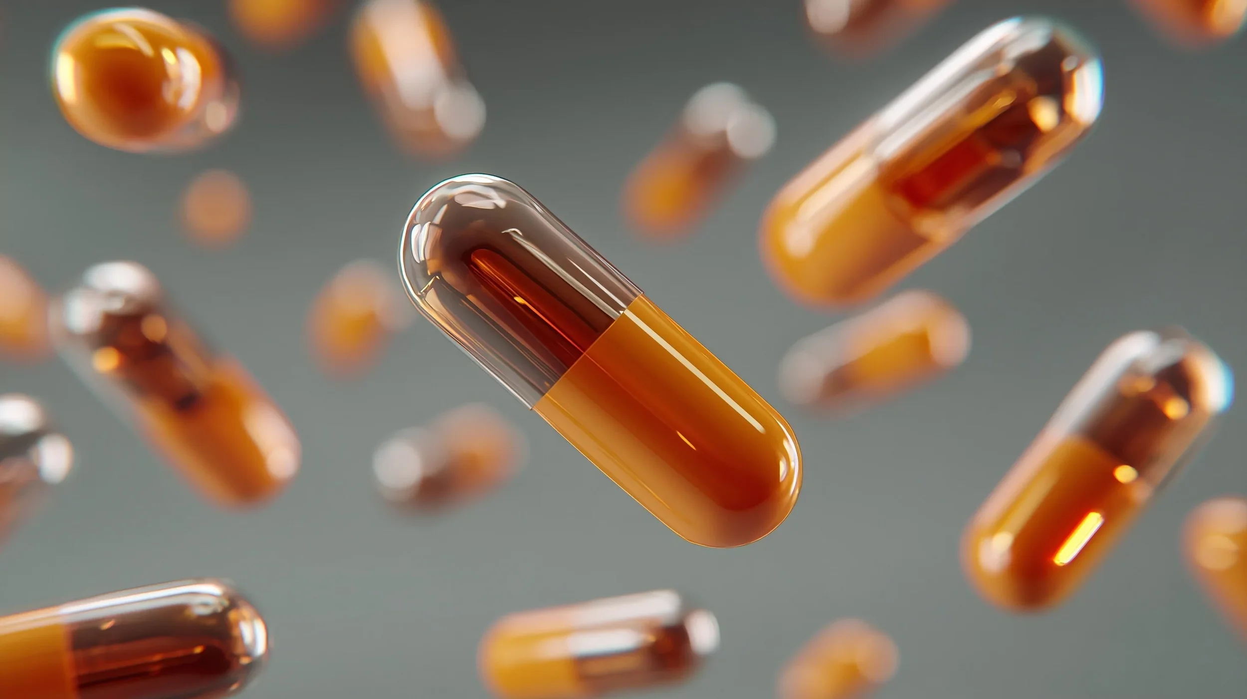 Multiple capsules floating in mid-air with a gray background.