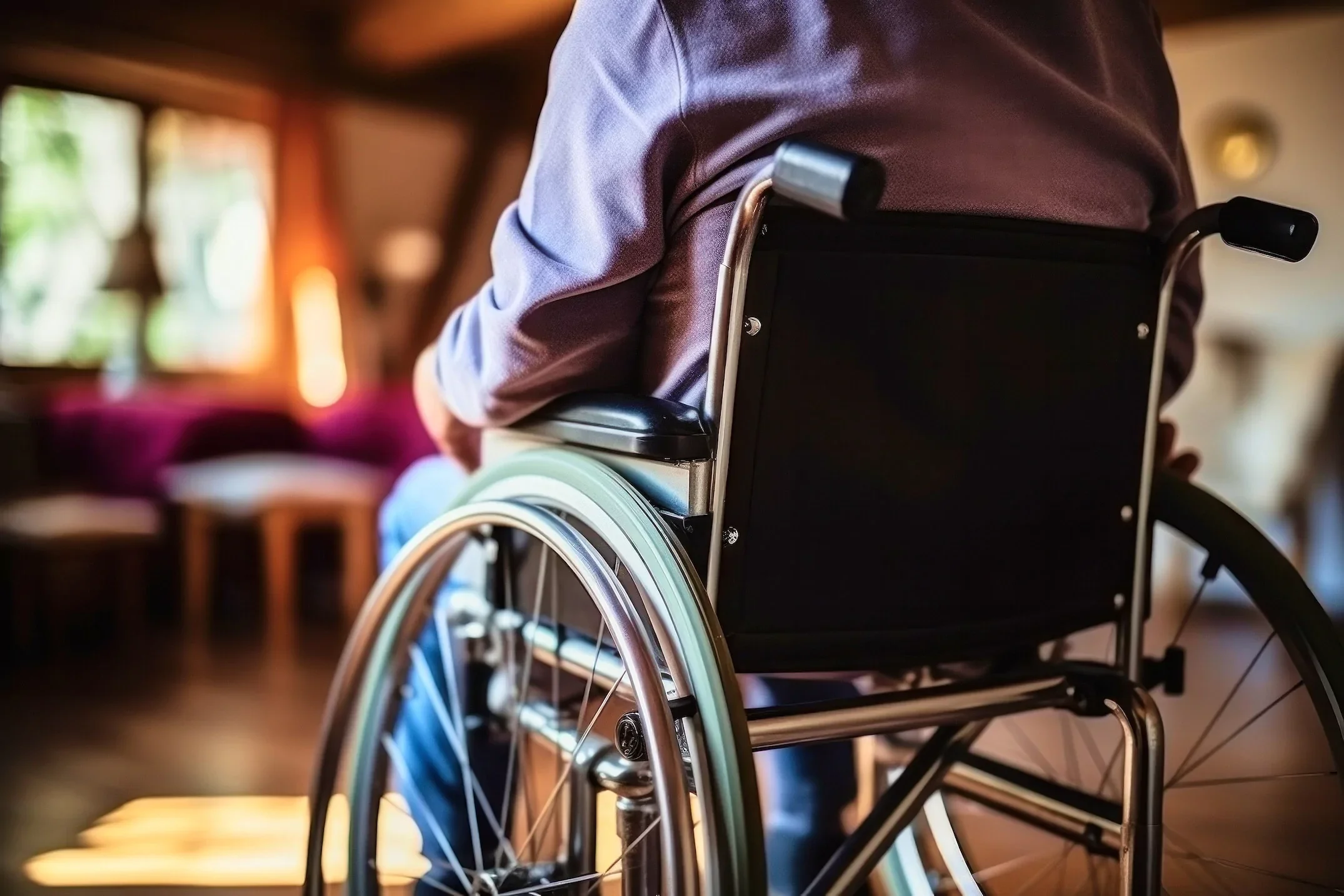 Person sitting in a wheelchair indoors with a blurred background of a cozy room.