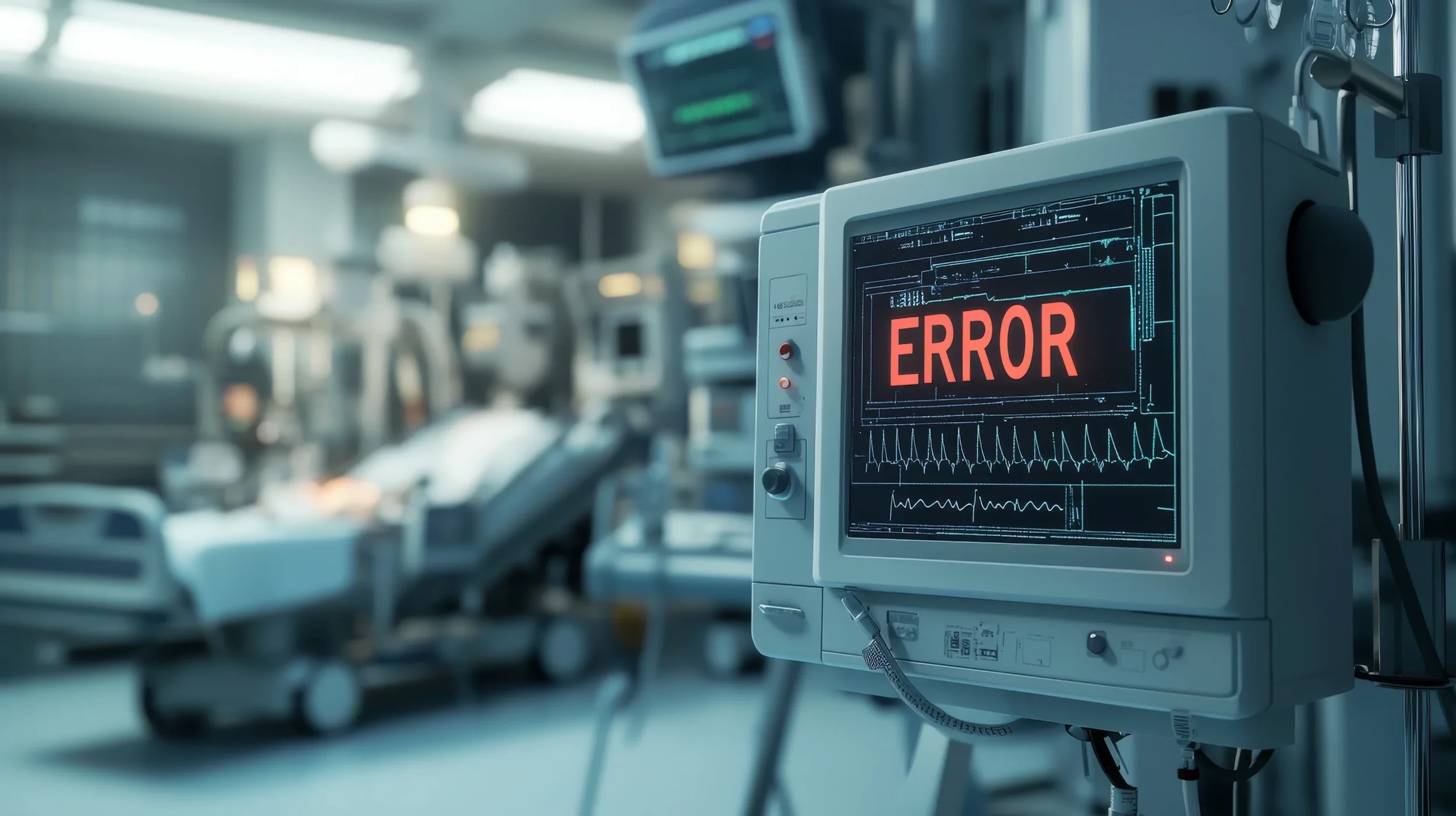 A medical monitor displaying an error message in a hospital or ICU setting, with blurred hospital beds and medical equipment in the background.