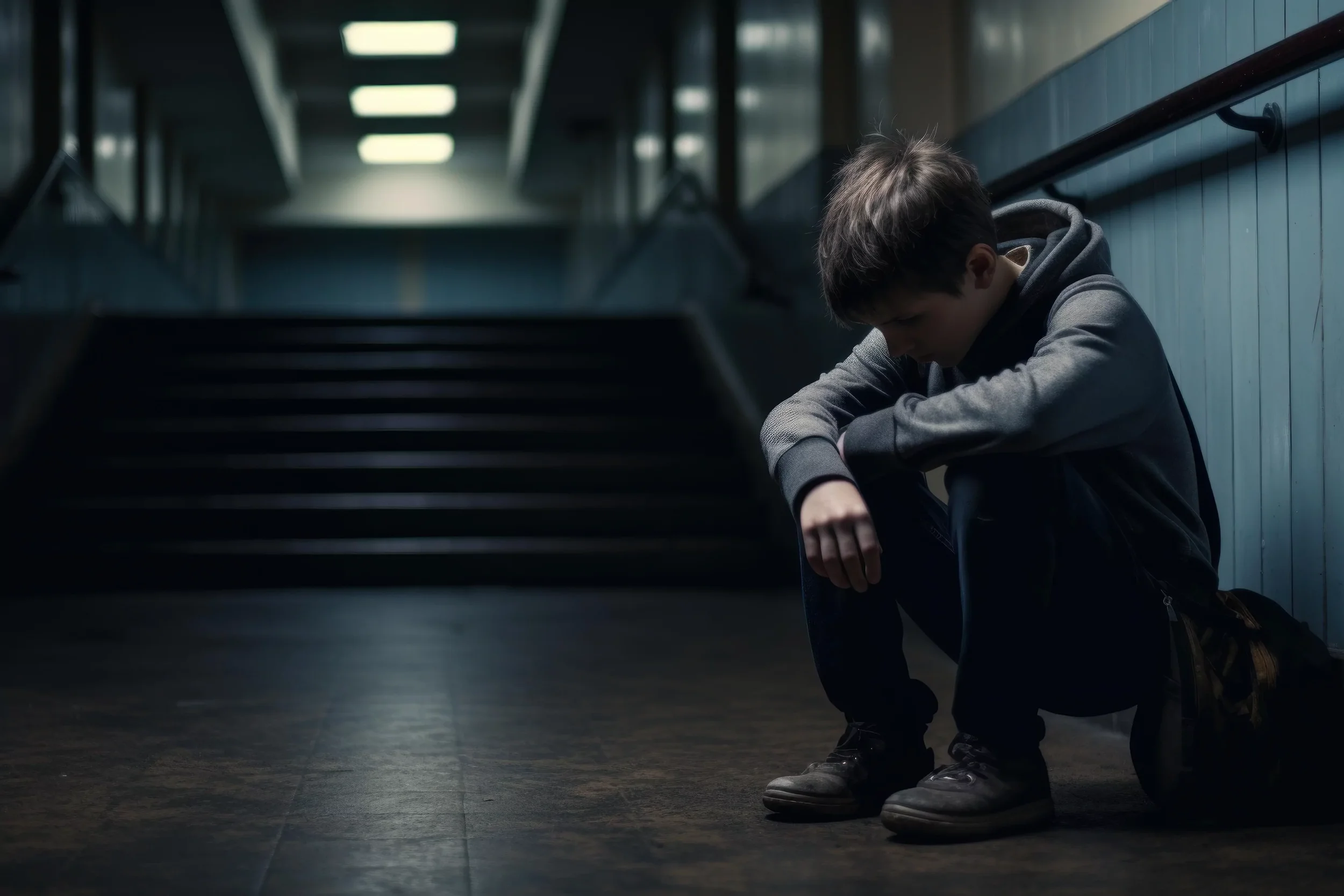 Child sitting in a dark hallway afraid of abuse in school