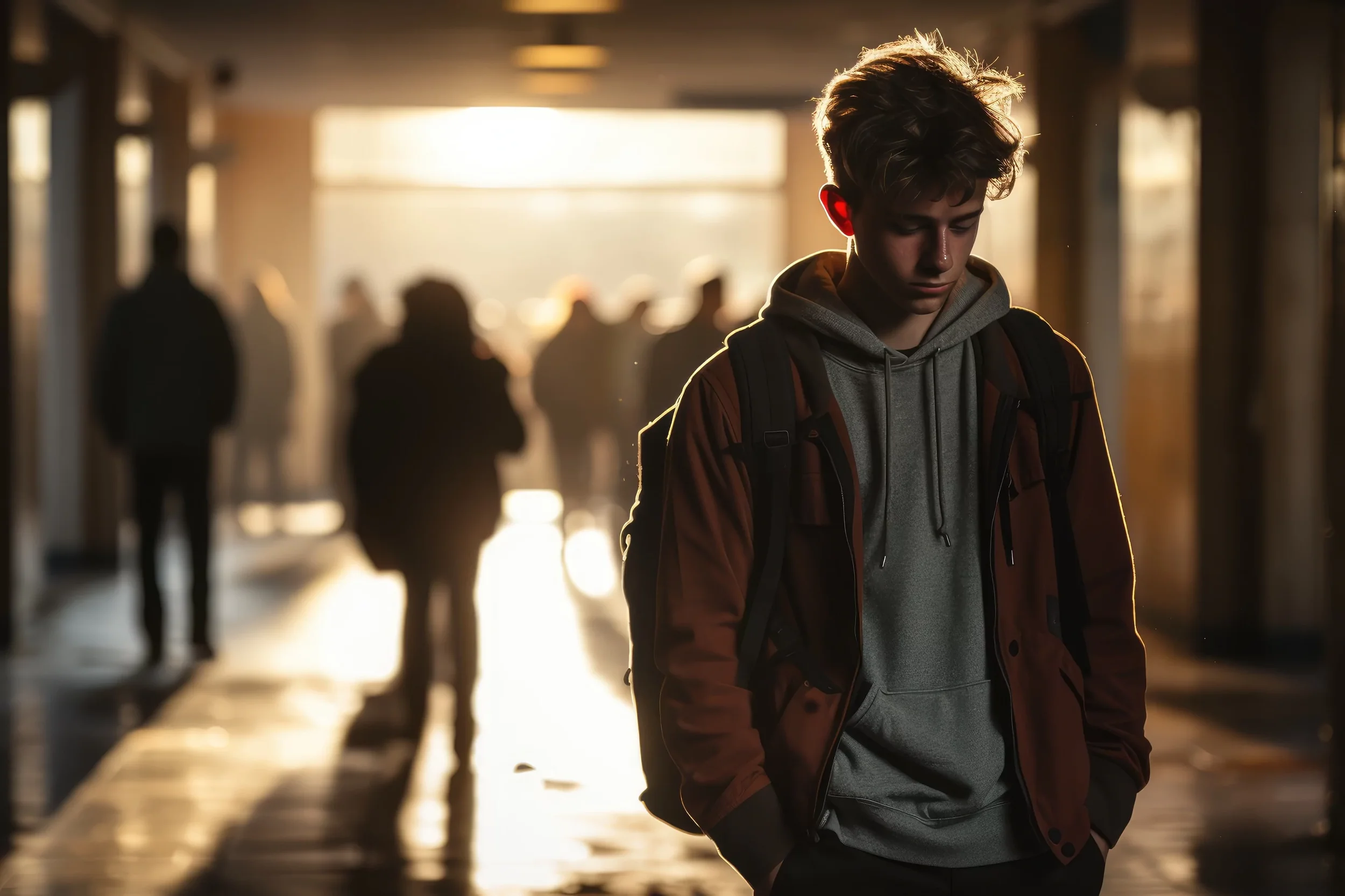 A teenage boy with a hoodie and backpack standing alone in a dimly lit corridor, looking down, with other people blurred in the background.