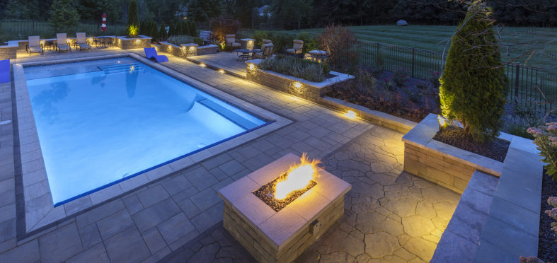 Patio pavers and outdoor fireplace in Bloomfield Hills, Michigan
