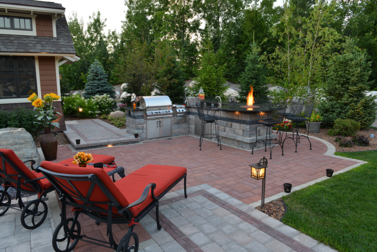 Canton, MI landscape lighting with outdoor fireplace